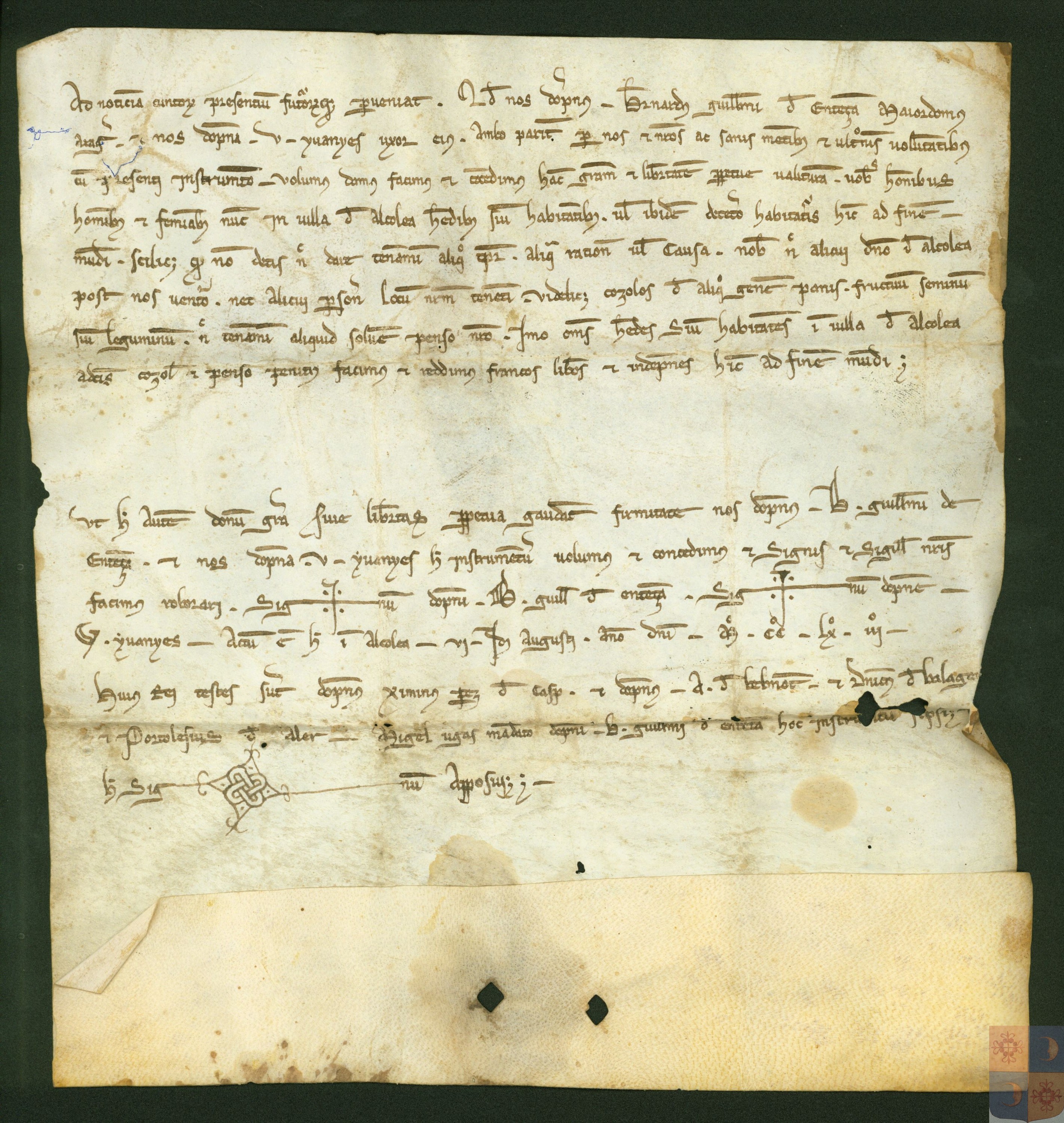 Carta de gracia o libertad perpetua concedida por Bernardo Guillermo de Entenza, mayordomo de Aragón, y su esposa V. Yuanyes a los hombres y mujeres de la villa de Alcolea