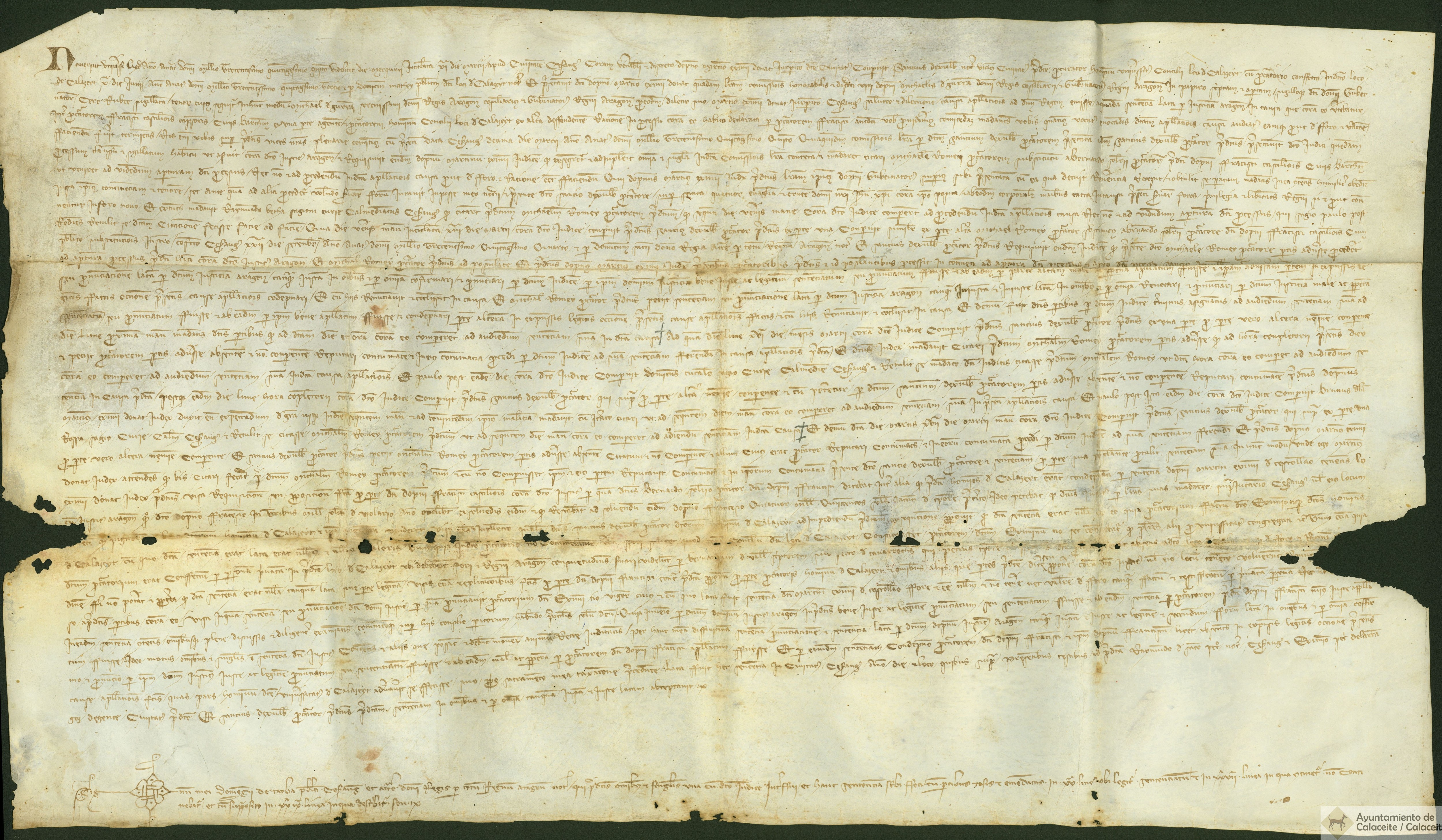 Sentencia dada por Martín Jimeno, jurisperito de Zaragoza, al pleito presentado por Sancho de Ejulve, procurador de Calaceite, por el pago de 3.000 sueldos de violario