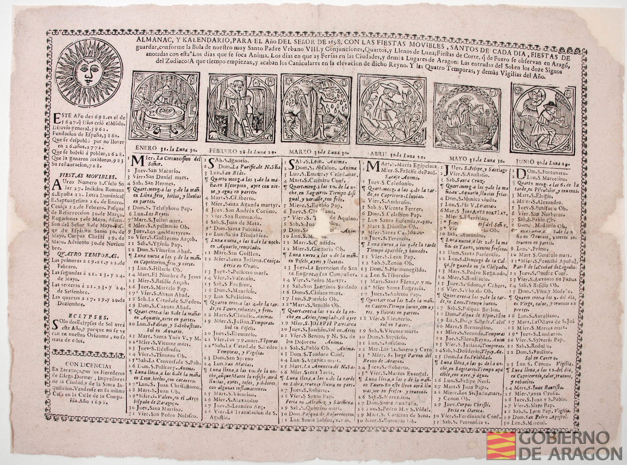 Almanac y Kalendario para el año del señor de 1698. Zaragoza, Herederos de Diego Dormer, 1698