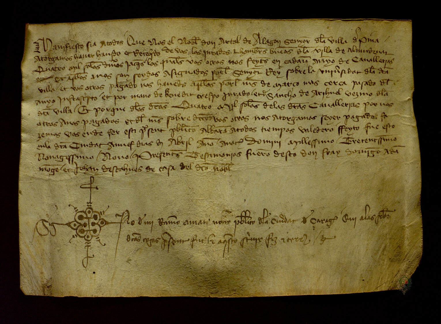 Artal de Alagón, noble señor de Pina de Ebro, reconoce recibir del concejo de Almudévar 4.000 sueldos jaqueses por las caballerías