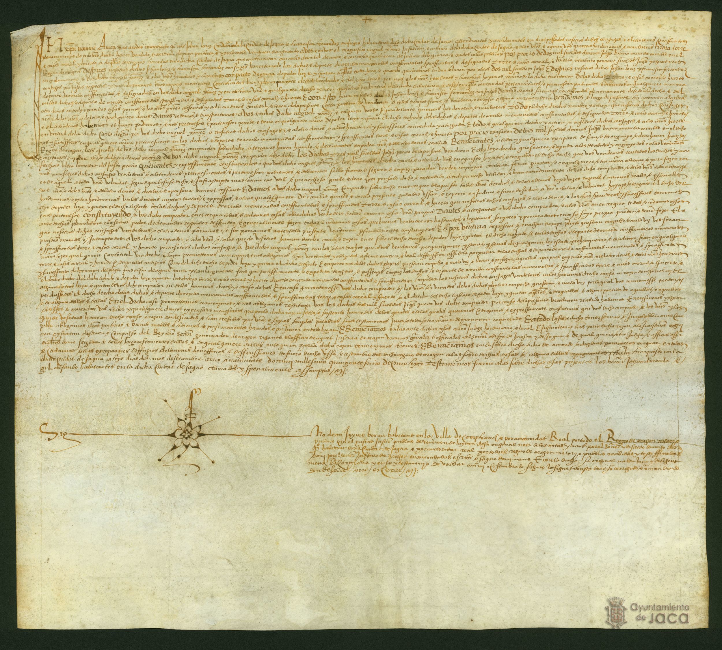 Juan Loriz y su mujer Francisca Fernández, venden a Miguel Ximénez, merino de la ciudad de Jaca, una torre con su casa y huerto en Jaca por 5.000 sueldos de dineros jaqueses.