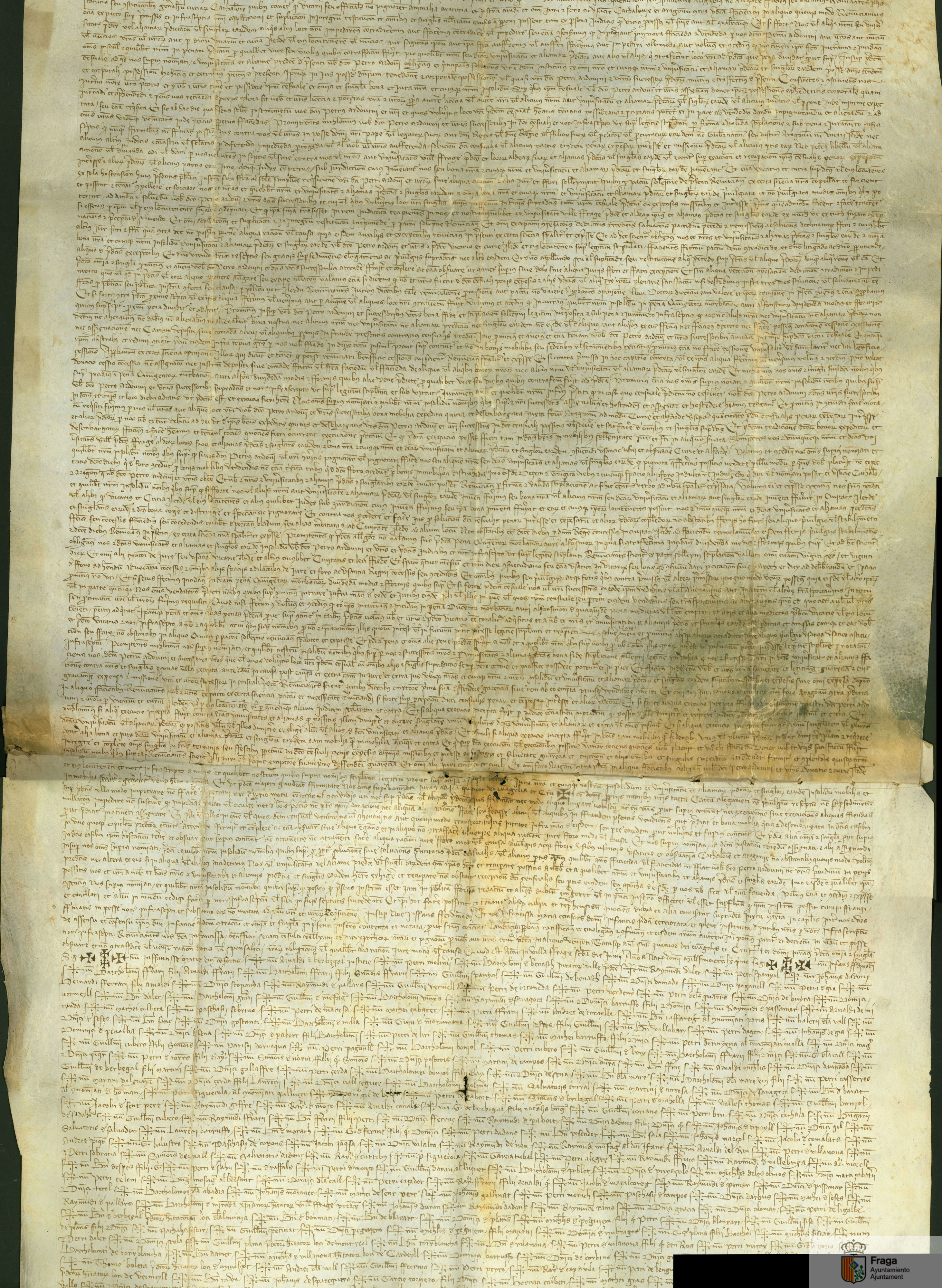 Acto del infante Fernando, su mujer María y el concejo de Fraga relativo a tres censales que sumaban 1.000 sueldos de renta anual que se contrajeron con Pedro Arduí, boticario de Lérida, y que ahora reclamaba su hijo Pedro.