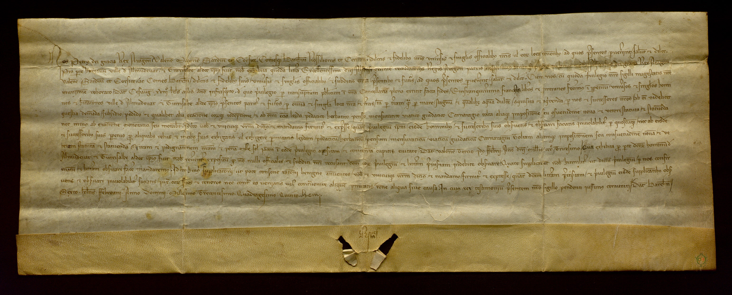 Pedro IV confirma a la villa de Almudévar y su aldea de Gurrea de Gállego la franquicia de lezdas, peajes, herbajes, guiajes y otras tasas comerciales, otorgada por su padre Alfonso IV en un privilegio que se inserta, dado en Valencia el 5 de febrero de 1331