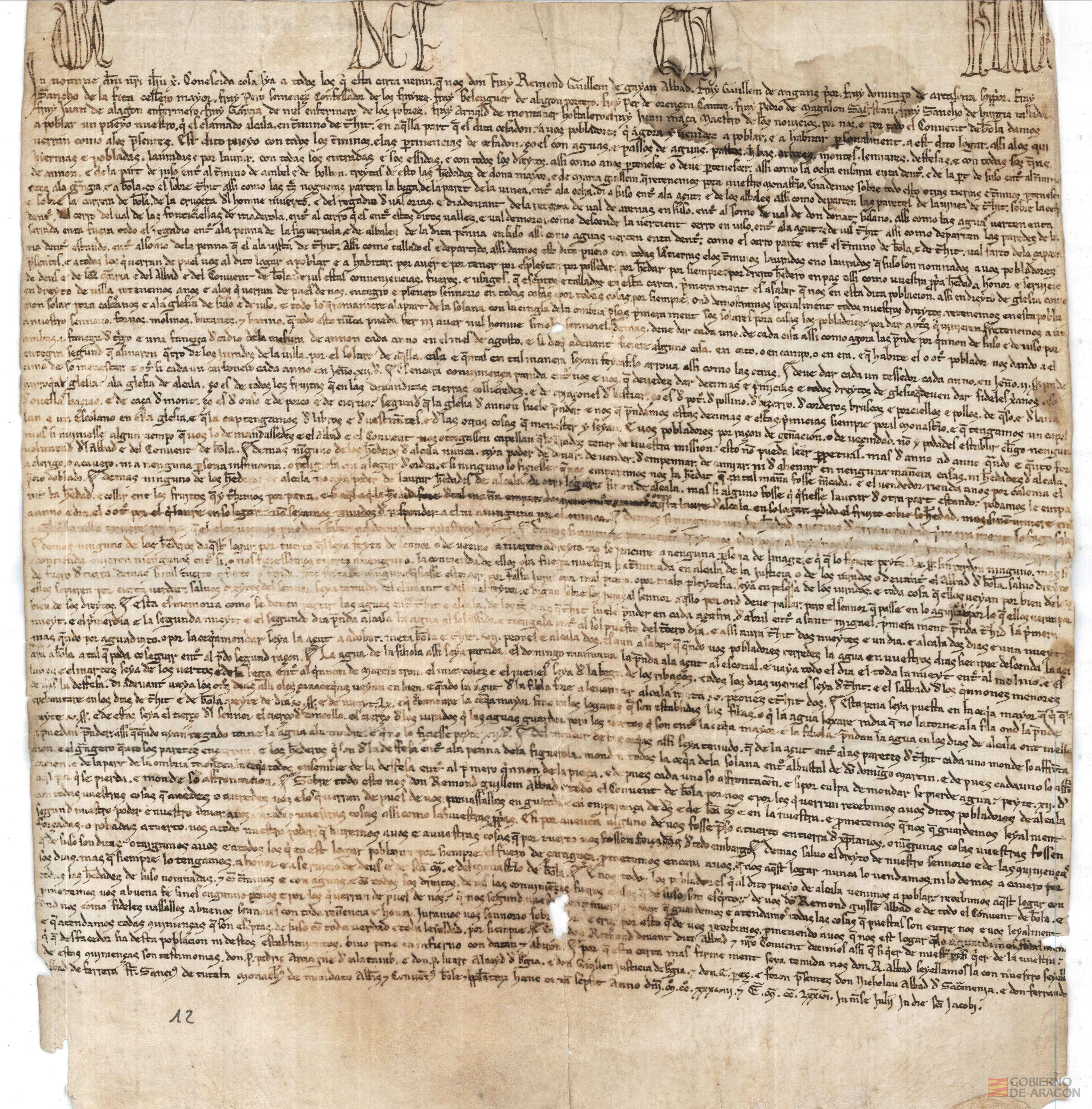 Carta de población del lugar de Alcalá,otorgada por el abad y convento de Veruela