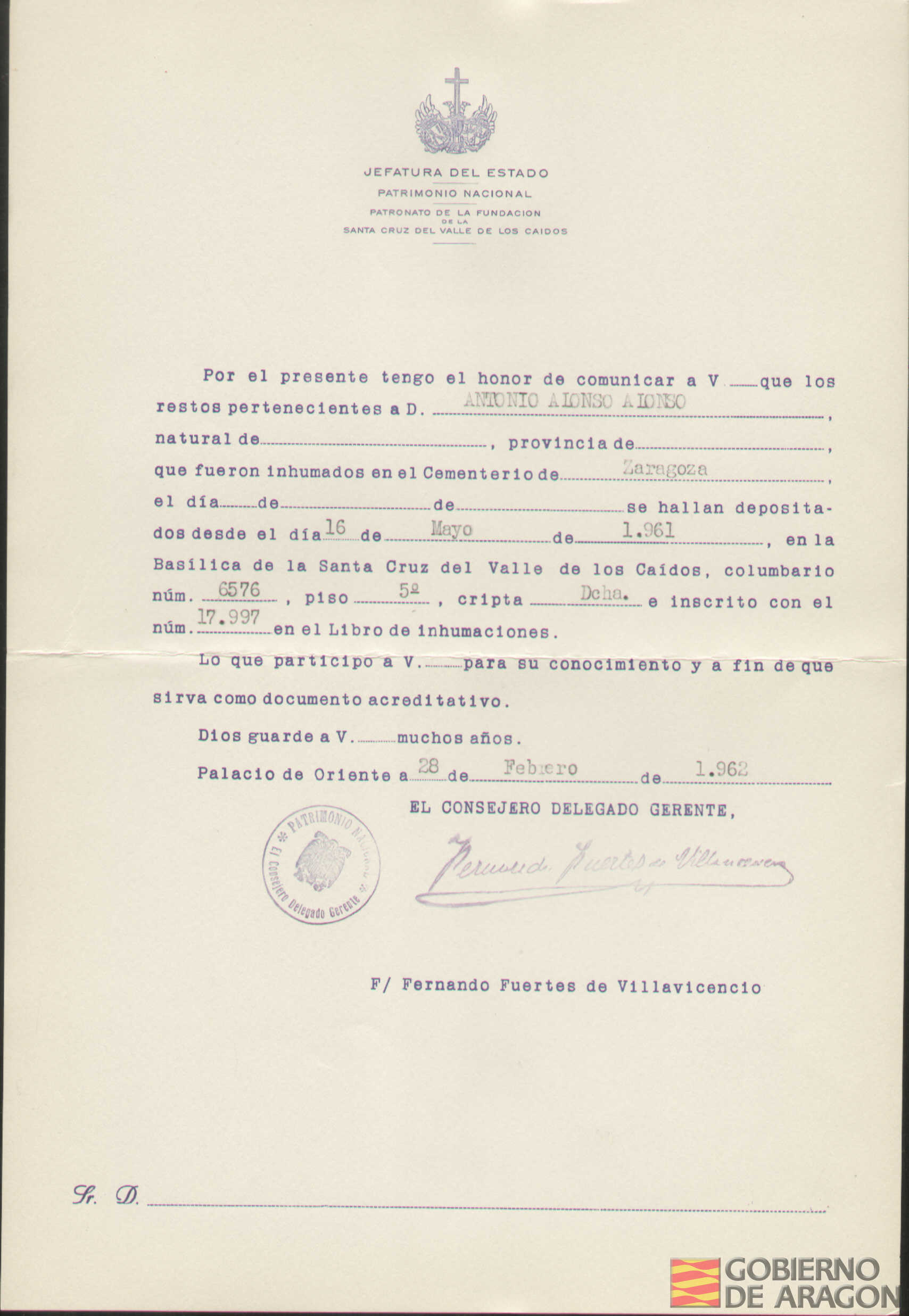 Traslado al Valle de los Caídos de los restos mortales de Antonio Alonso Alonso el día 16 de mayo de 1961