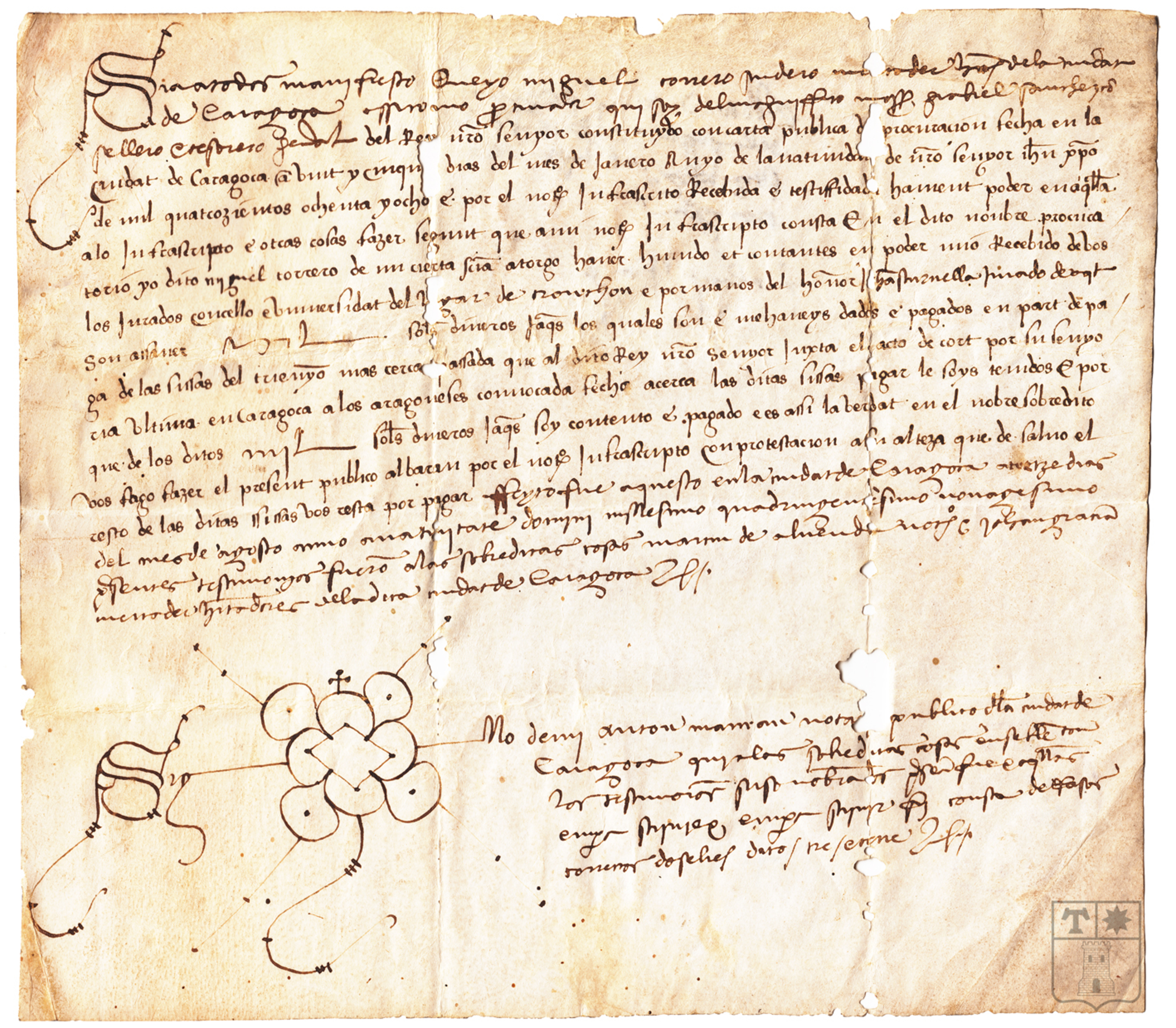 Apoca por la que Miguel Torrero, procurador de mosén Gabriel Sánchez, tesorero general del rey, reconoce haber recibido 1.000 sueldos en pago de las sisas que han de pagar al rey