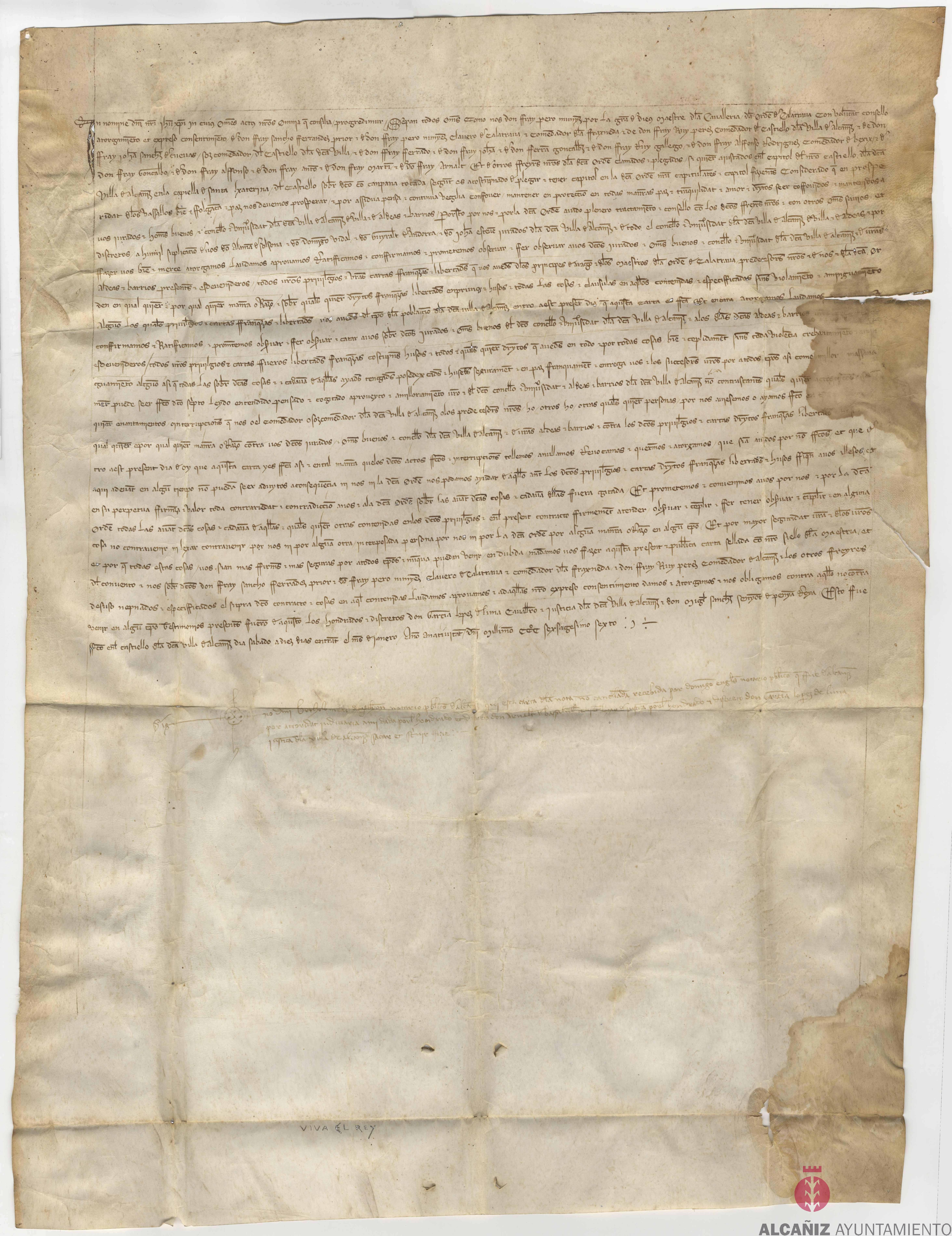 Confirmación de privilegios, cartas, franquezas, fueros y libertades concedidos por la Oren de Calatrava a la villa de Alcañiz