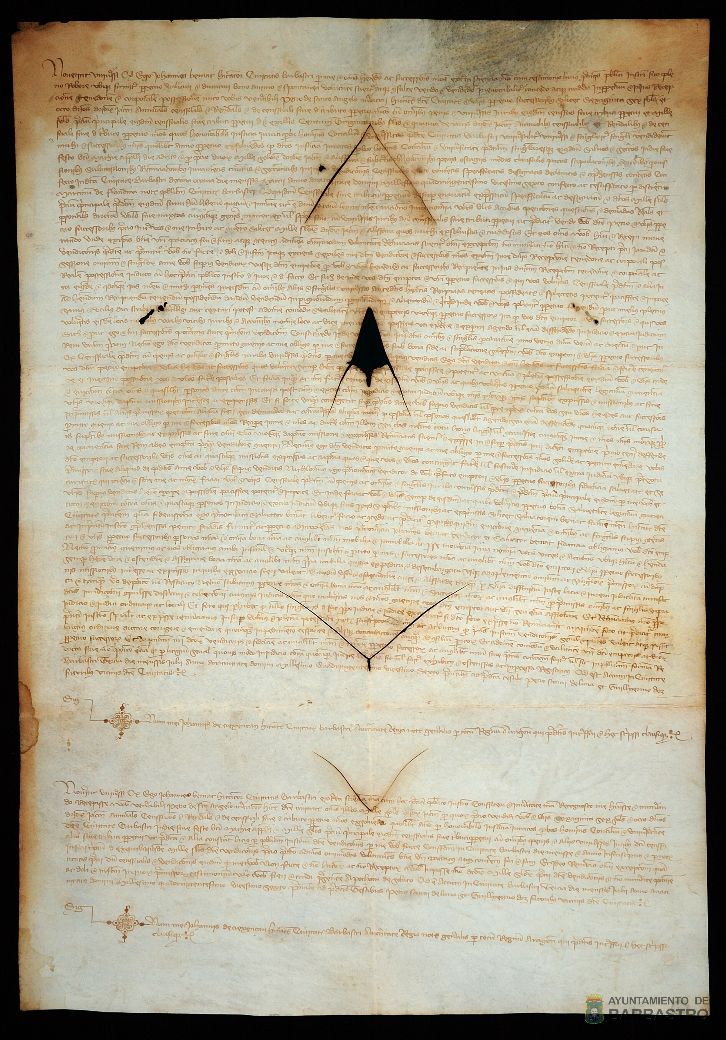 Censal cargado sobre la ciudad de Barbastro de 66 sueldos jaqueses de pension anual por precio de 1.000 sueldos jaqueses vendido por Juan Bernat, habitante de Barbastro, a Pedro de Santangel, mercader habitante de dicha ciudad.