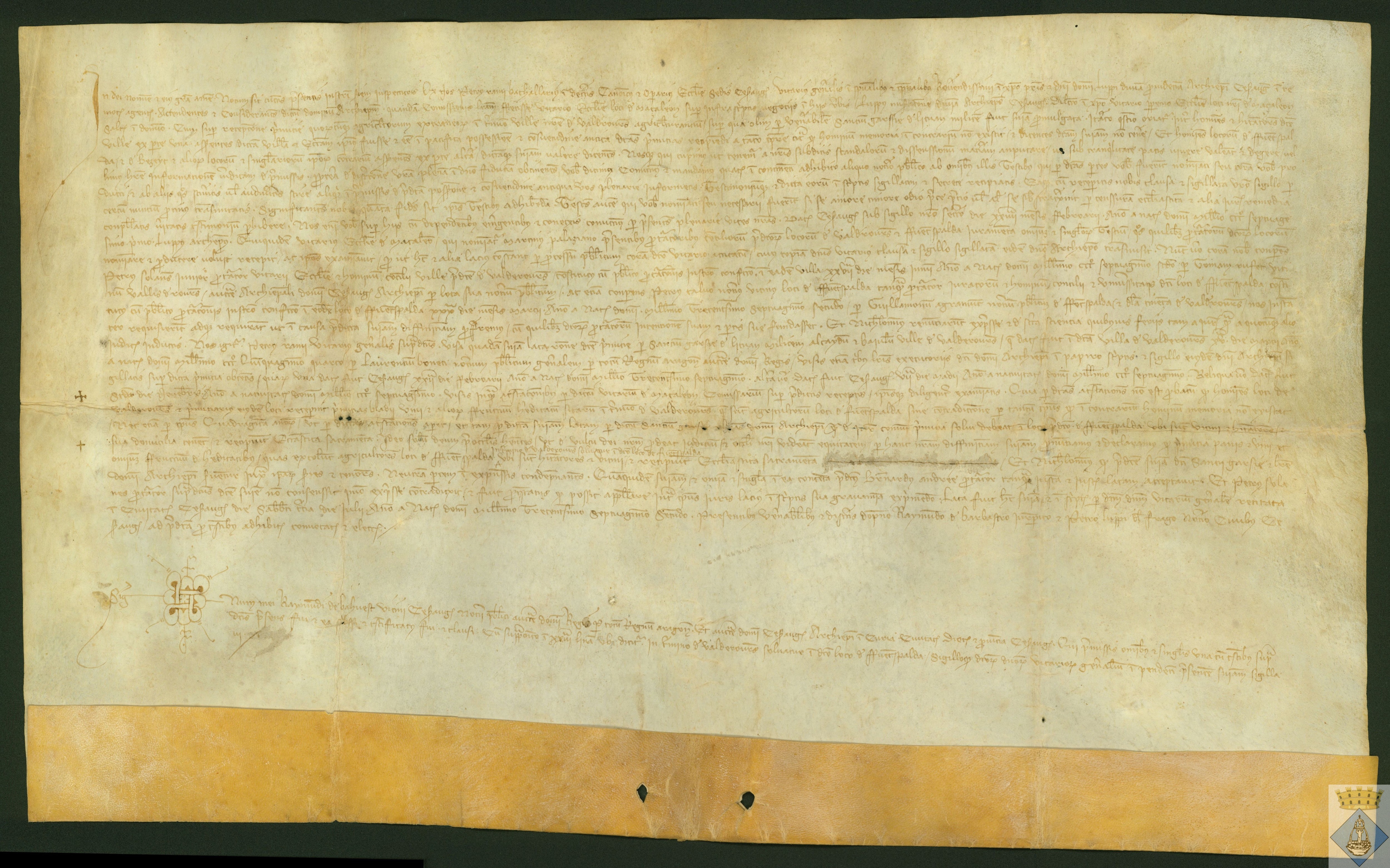 Declaración hecha por el vicario general, Pedro Romi, de Zaragoza, sobre que los vecinos de Fuentespalda que trabajan tierras de los términos de Valderrobres deben pagar la primicia en Fuentespalda