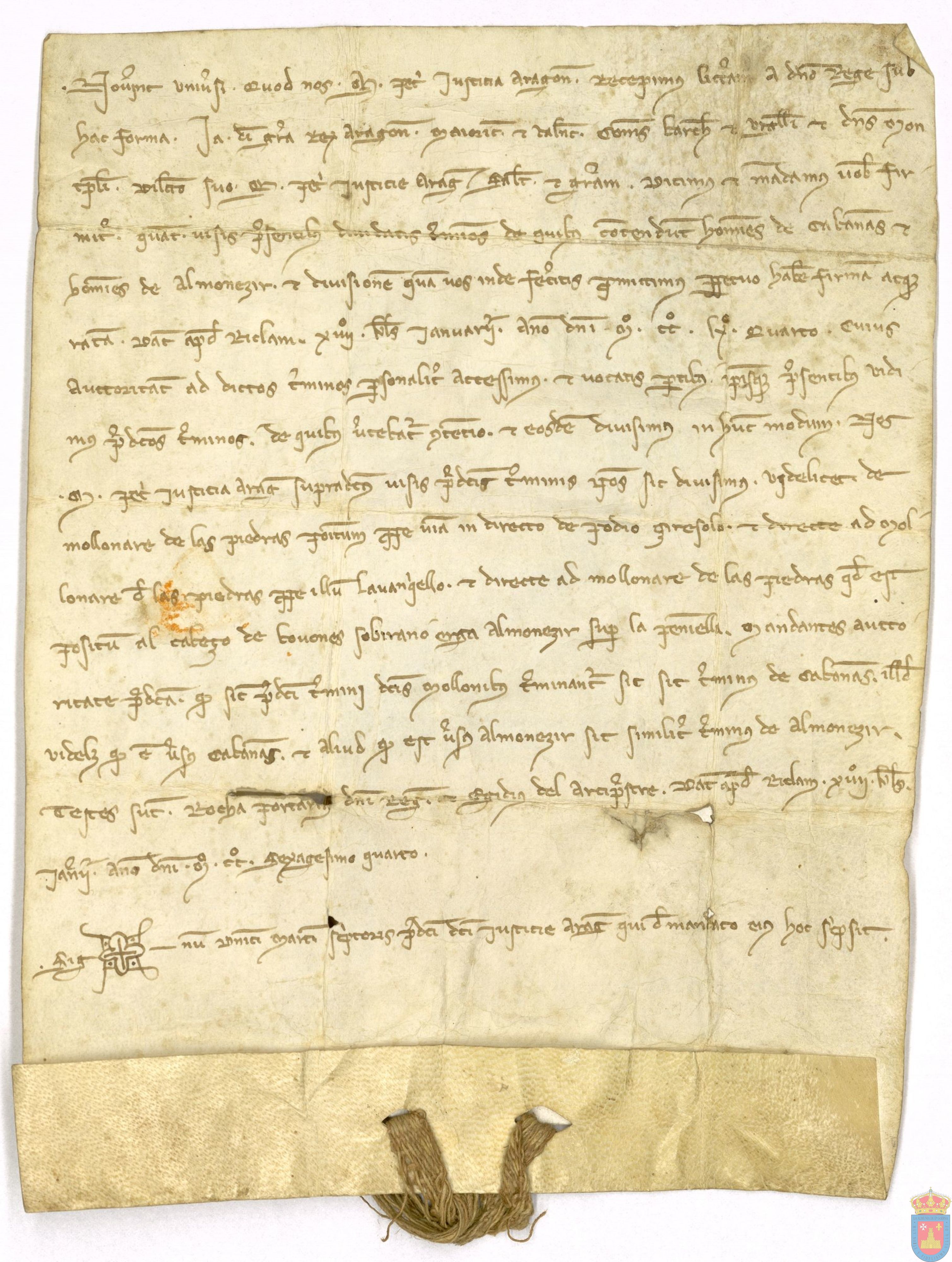 Jaime I, rey de Aragón, ordena a M. Pérez, Justicia de Aragón, limitar los términos entre Cabañas y Almonacid