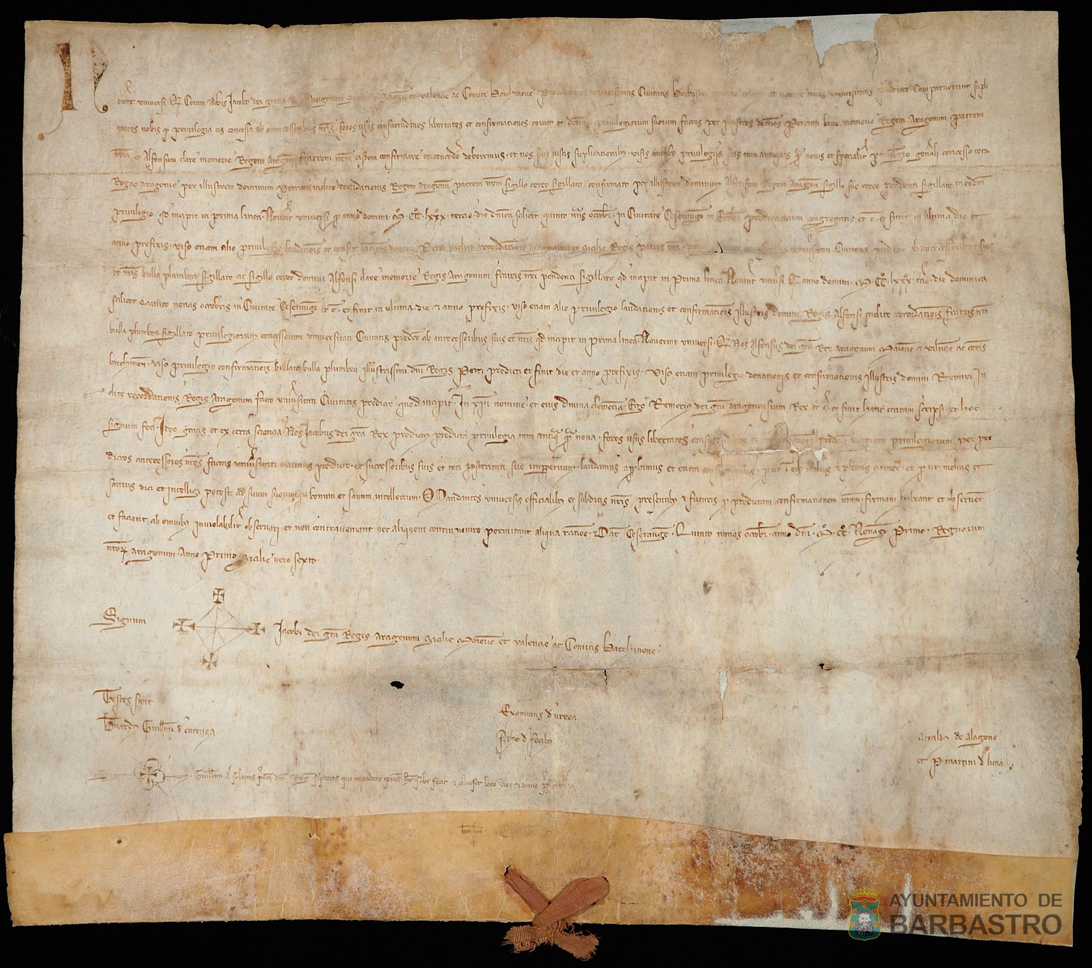 Jaime II de Aragón confirma los privilegios y fueros concedidos por sus antecesores a los habitantes de Barbastro con especial mención al Privilegio General otorgado por Pedro III en 1283