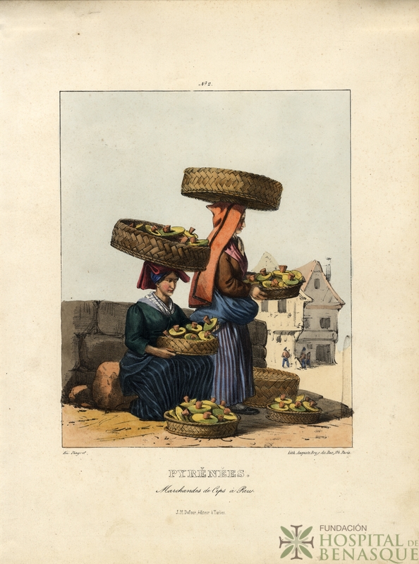 "Nº 2. Pyrénées. Marchandes de Ceps, à Pau. Ed. Pingret. J. M. Dufour, èditeur à Tarbes. Lith Auguste Bry, r. du Bac, 114, Paris."