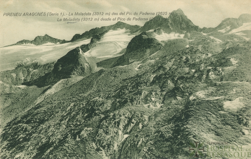 "Pirineu Aragonés (serie 1). La Maladeta (3312 m) des del Pic de Paderna (2625 m). La Maladeta (3312 m) desde el Pico de Paderna (3312 m)."