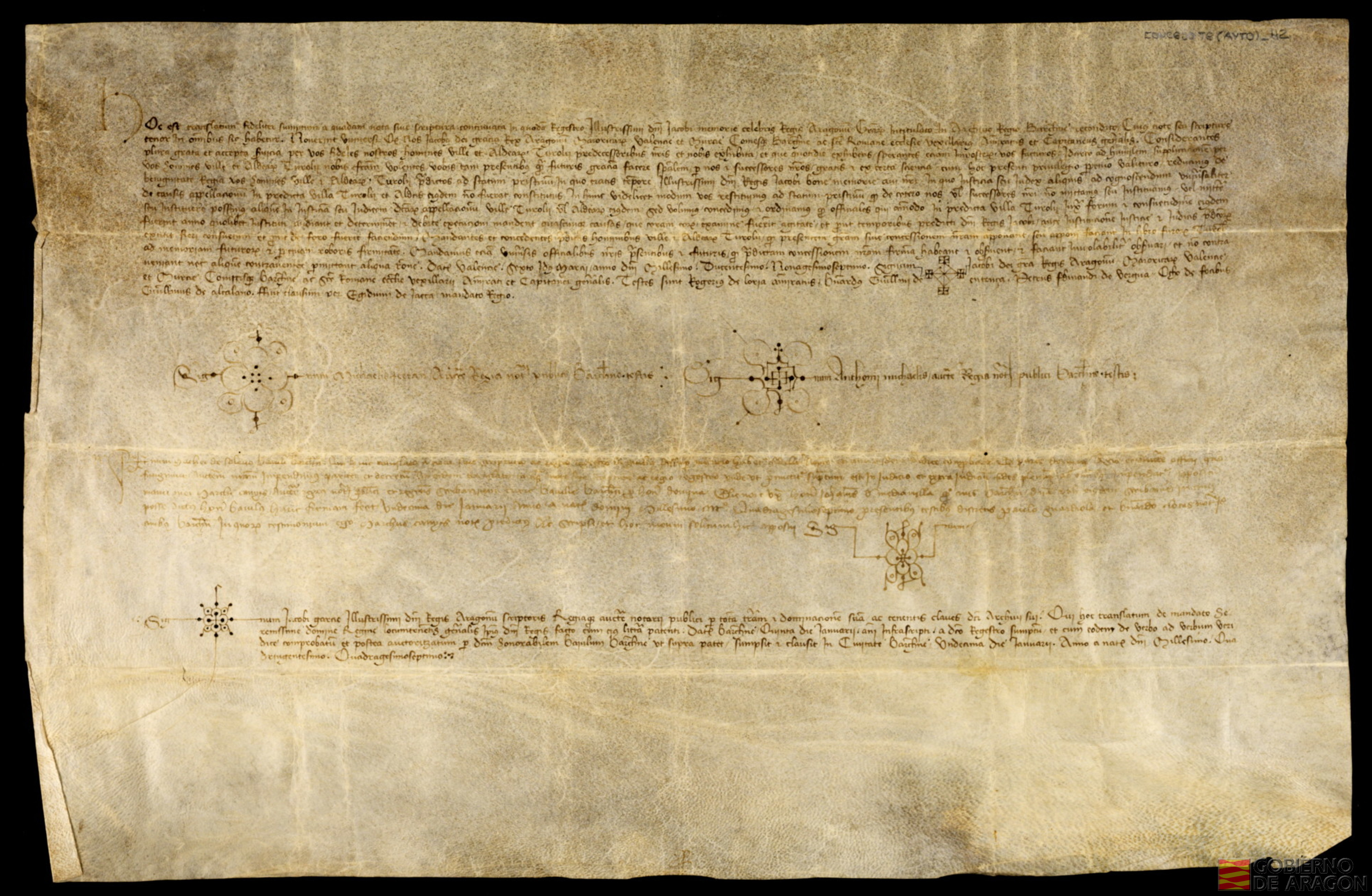 Privilegio de Jaime II por el que concede al juez de Teruel competencias en causas de apelación, como ya tuvo en tiempos de Jaime I, su abuelo