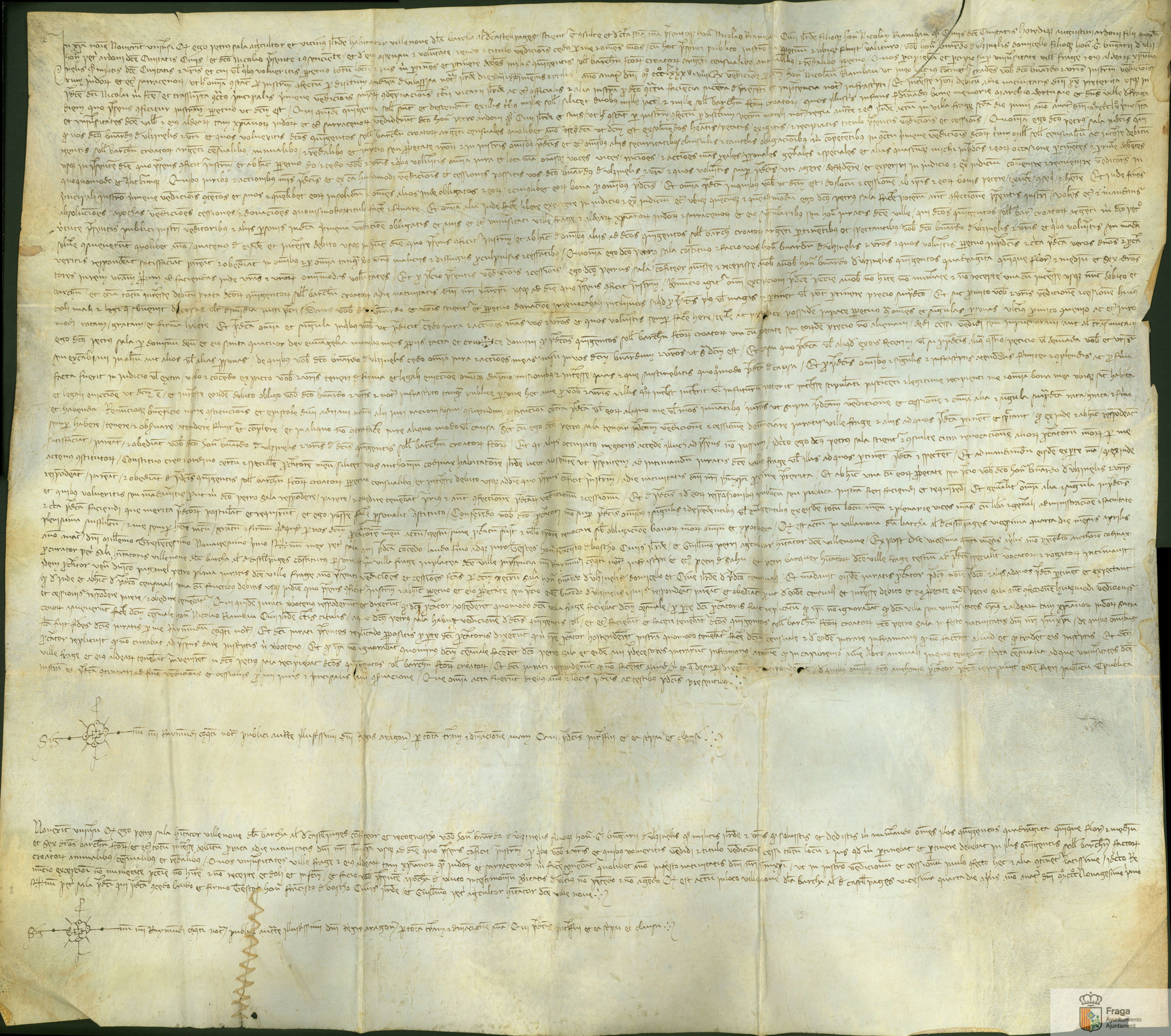 Pedro Sala, agricultor de Vilanova de la Barca, vende a Nicolau Riambau, ciudadano de Lérida, un censal de 800 croats barceloneses que le pagaba el concejo de Fraga, que había sido vendido en 1388.