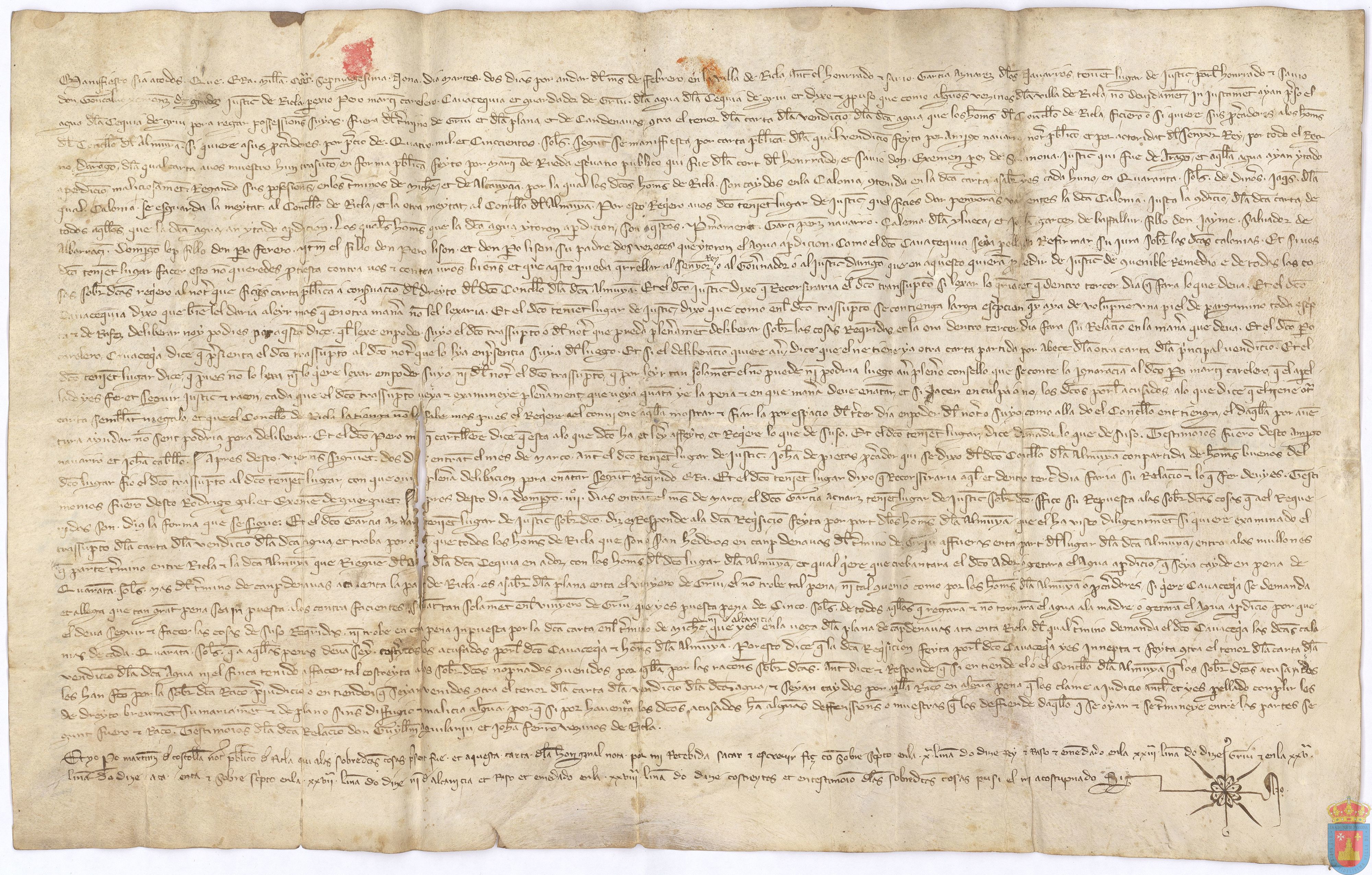 El cavacequia de la acequia del Grío denuncia ante el lugarteniente de justicia de Ricla, infracciones en el uso de agua por vecinos de Ricla. Visto el documento de venta del aprovechamiento del riego a La Almunia, se comprueba que no hubo infracción.