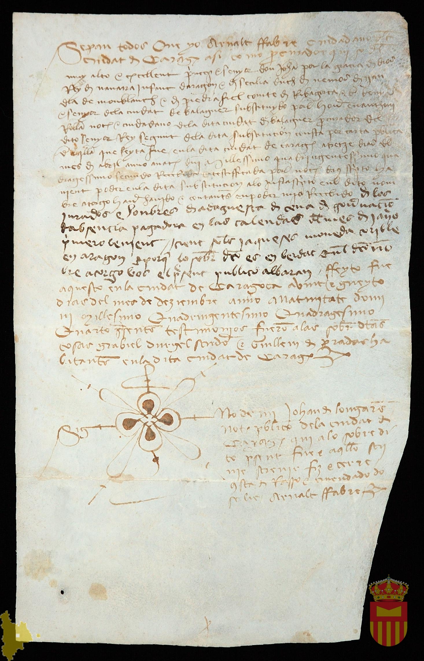 Albarán de Arnalt Fabre, procurador del rey, por el que afirma haber recibido del concello y jurados de Adahuesca cien sueldos jaqueses en concepto de pensión de gobernación