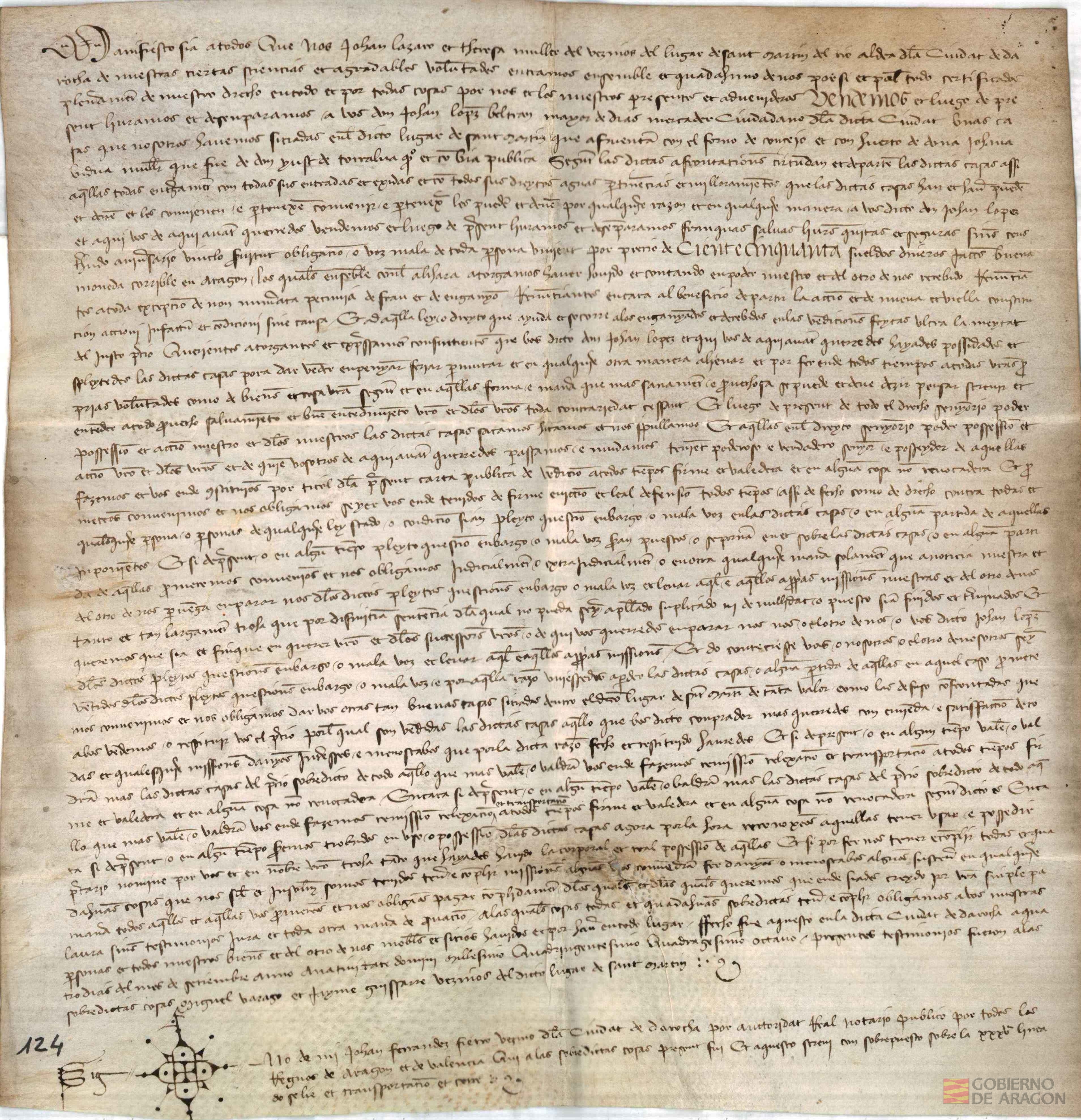 Juan Lázaro y Teresa su mujer,vecinos del lugar de San Martín del Río,venden a Don Juan López Beltrán,mercader,ciudadano de la ciudad de Daroca,unas casas en dicho lugar de San Martín,por 150 sueldos jaqueses