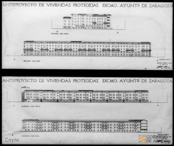 Planos del anteproyecto de viviendas protegidas  firmados por los arquitectos Lorenzo Manchis y Manuel Muñoz Casangús