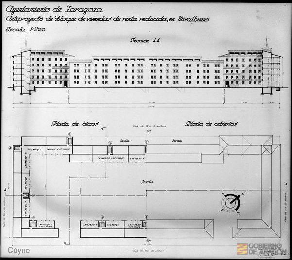 Plano y alzado del anteproyecto de un bloque de viviendas de renta reducida en Miralbueno firmado por el arquitecto Fernando García Rozas.