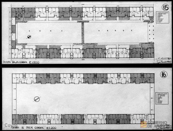 Planos de bloque de viviendas firmados por José Descartín y Eduardo Lagunilla