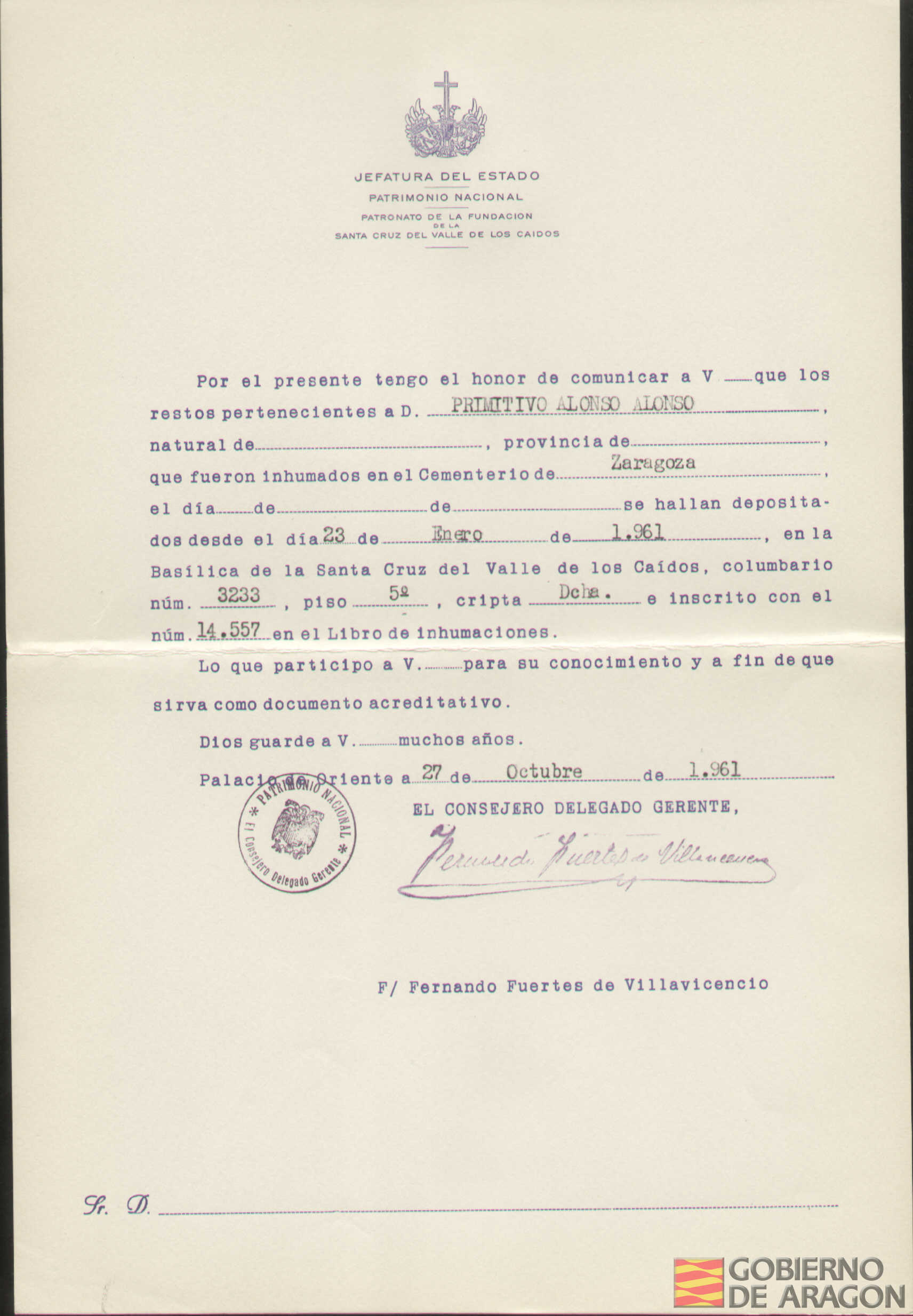 Traslado al Valle de los Caídos de los restos mortales de Primitivo Alonso Alonso el día 23 de enero de 1961