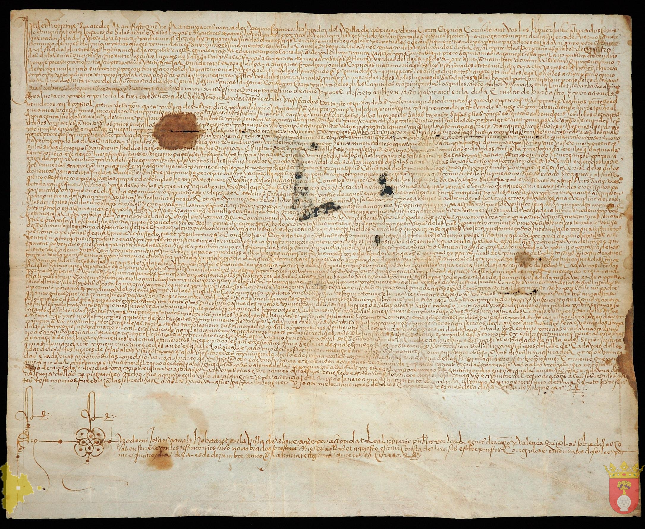 Venta de un Censal de 4000 sueldos jaqueses de propiedad y de 240 sueldos jaqueses de renta anual a Martín Garcés, mercader de Alquezar, otorgada por el Concejo de Salas Altas y Bajas