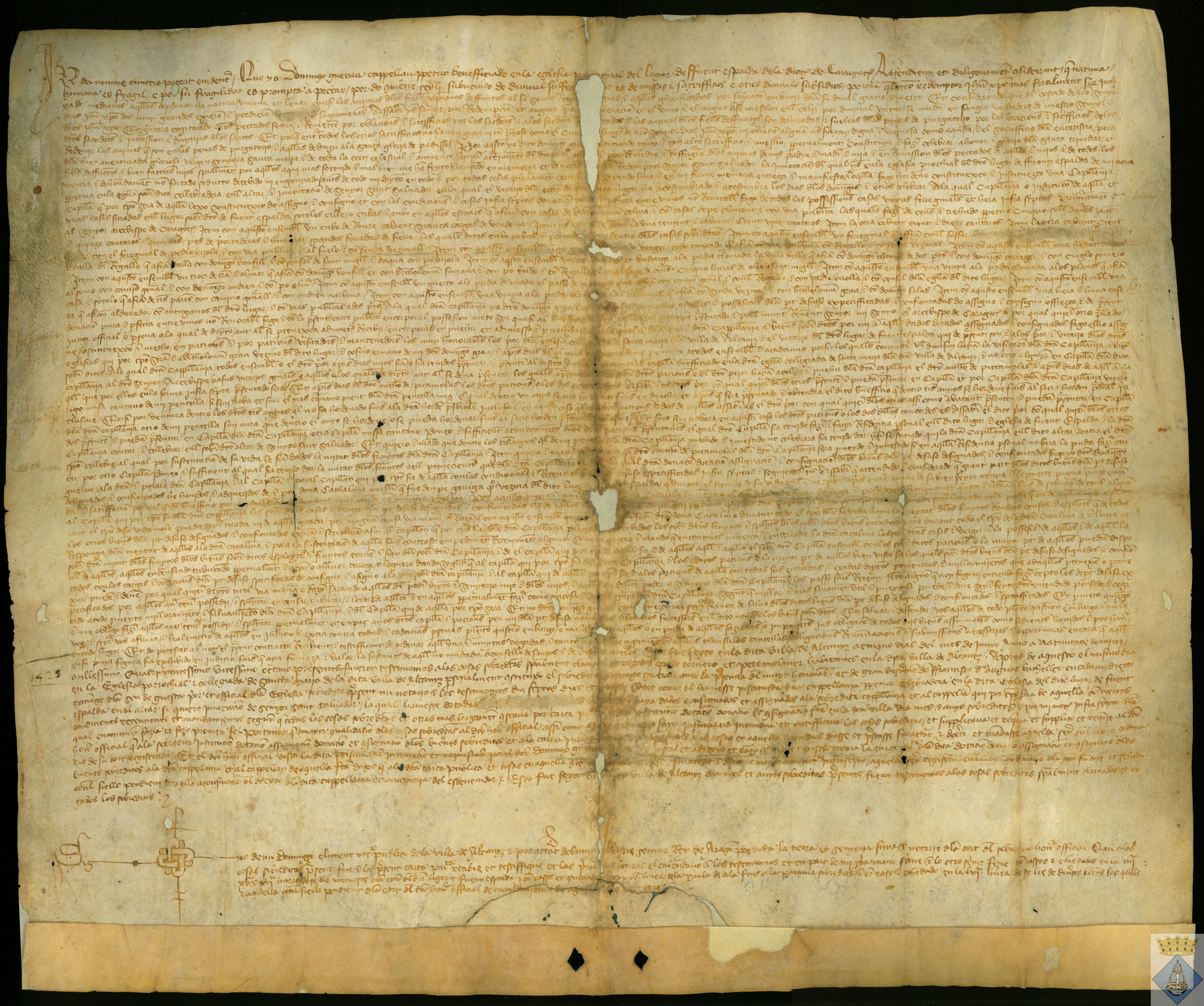 Carta de la institución del beneficio de mosén Domingo Grau, de Fuentespalda, en la Iglesia Parroquial, con la donación de todos sus bienes