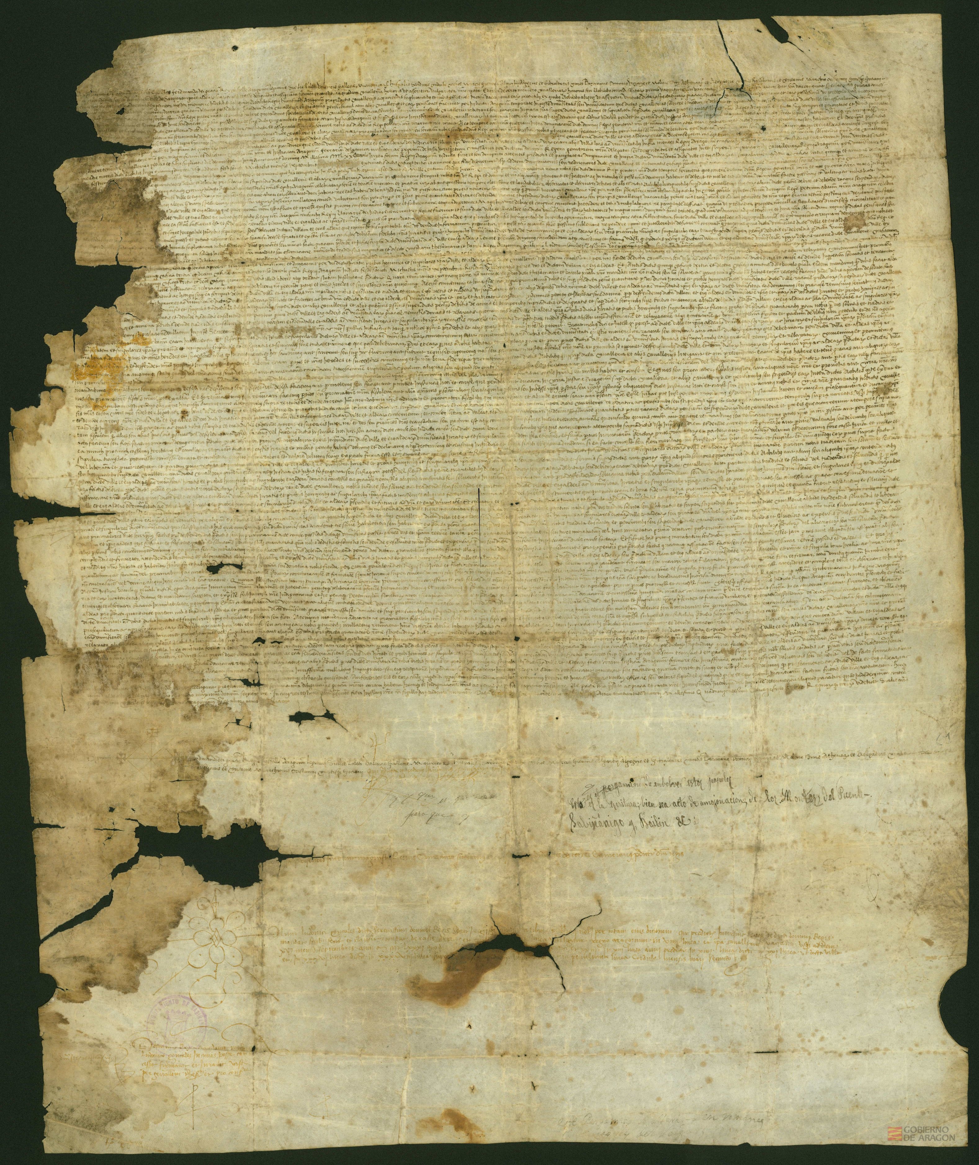 Fernando II de Aragón concede a los habitantes de Sabiñánigo y sus aldeas, a súplicas de ellos, que en lugar de los 1.200 sueldos jaqueses que entregaban en calidad de caballerías, pague al tesorero real Luis Sánchez 5 cahíces de trigo y 10 cahíces de <i>annona</i> (¿cebada?).