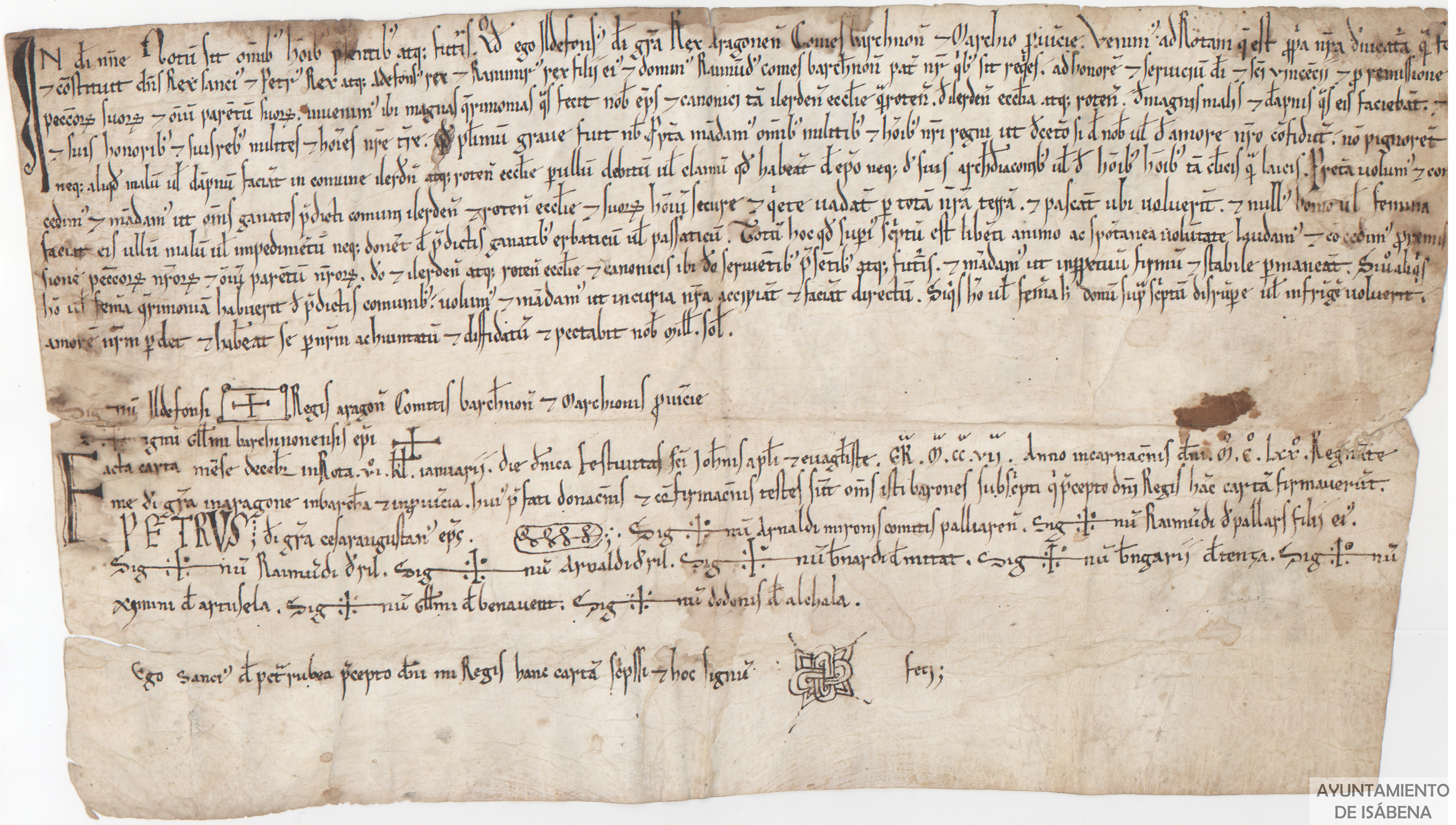 Alfonso II, rey de Aragón, manda a todos los hombres de su reino que no causen ningún perjuicio a los laicos y eclesiásticos del priorado de Roda. También dispone que sus ganados pasten por todo el reino sin pagar ningún tipo de impuesto