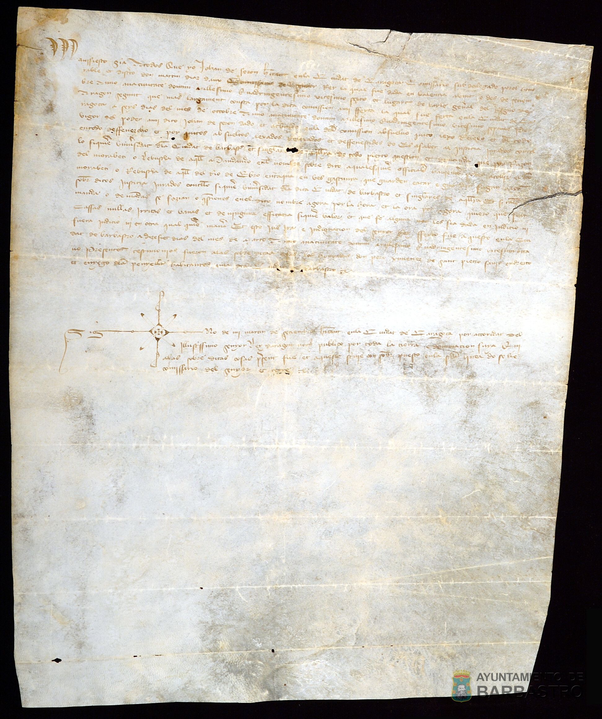 Johan de Seron, comisario subdelegado de Martin Diez de Aux, comisario del rey de Aragon, absuelve al justicia, jurados, concejo y universidad de la ciudad de Barbastro de todo pleito, cuestion y demanda por razon del maravedi