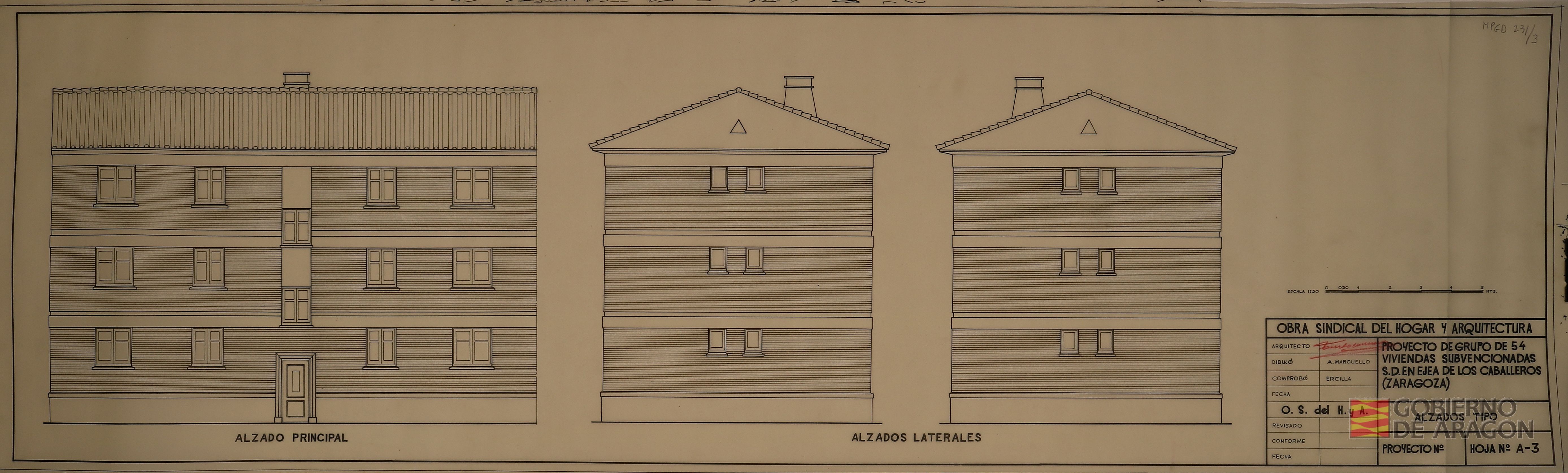 Proyecto de grupo de 54 viviendas subvencionadas S.D. en Ejea de los Caballeros. Hoja nº A-3 Alzados tipo. Arquitecto: Fausto García Marco; Dibujo: Augusto Marcuello; Comprobó: L. Ercilla