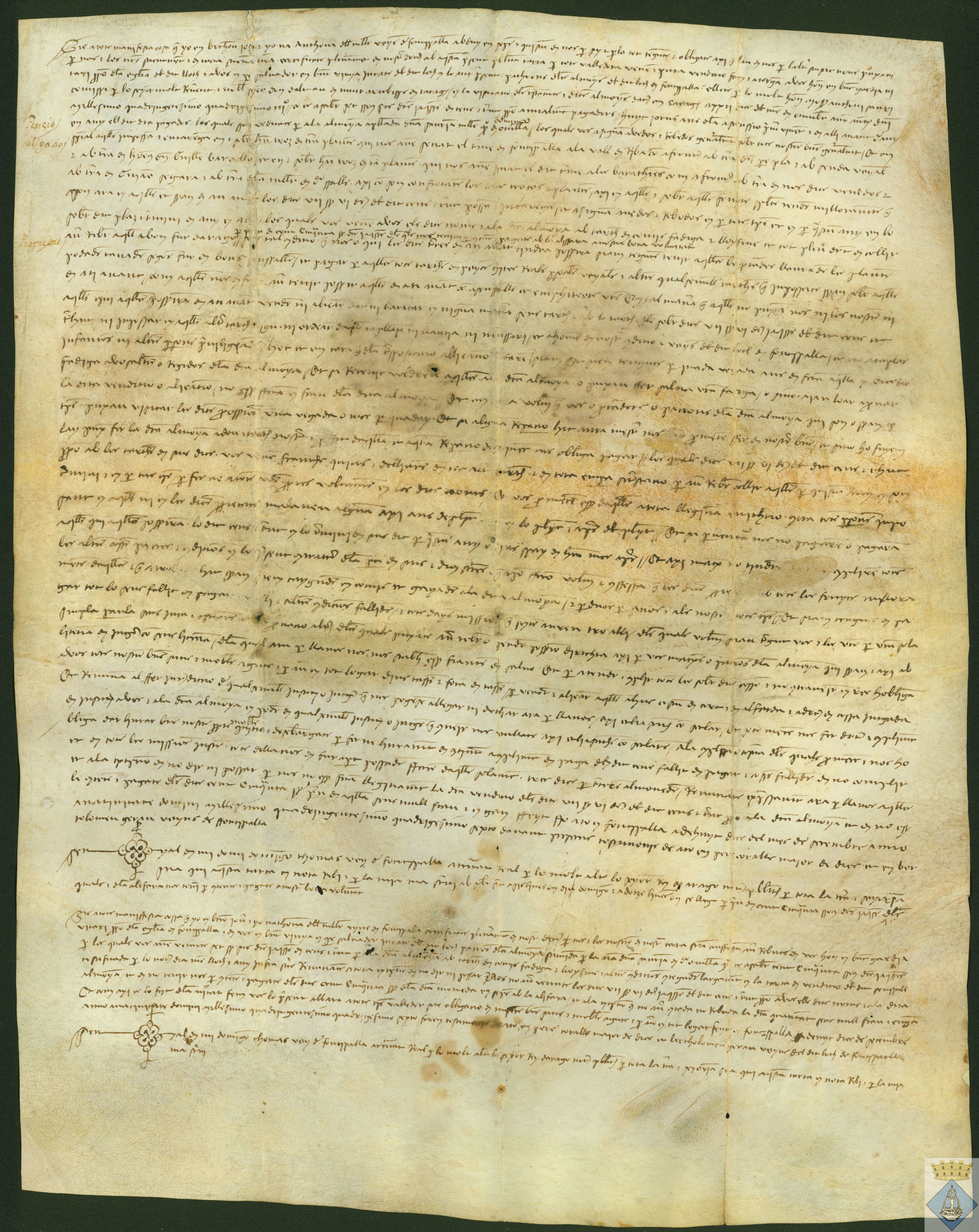 Carta censal que le hacen Bartolomé Jover y Antonia, su mujer, a la "almosna" de la señora de Omella, de 7 sueldos y 6 dineros con 150 sueldos en propiedad