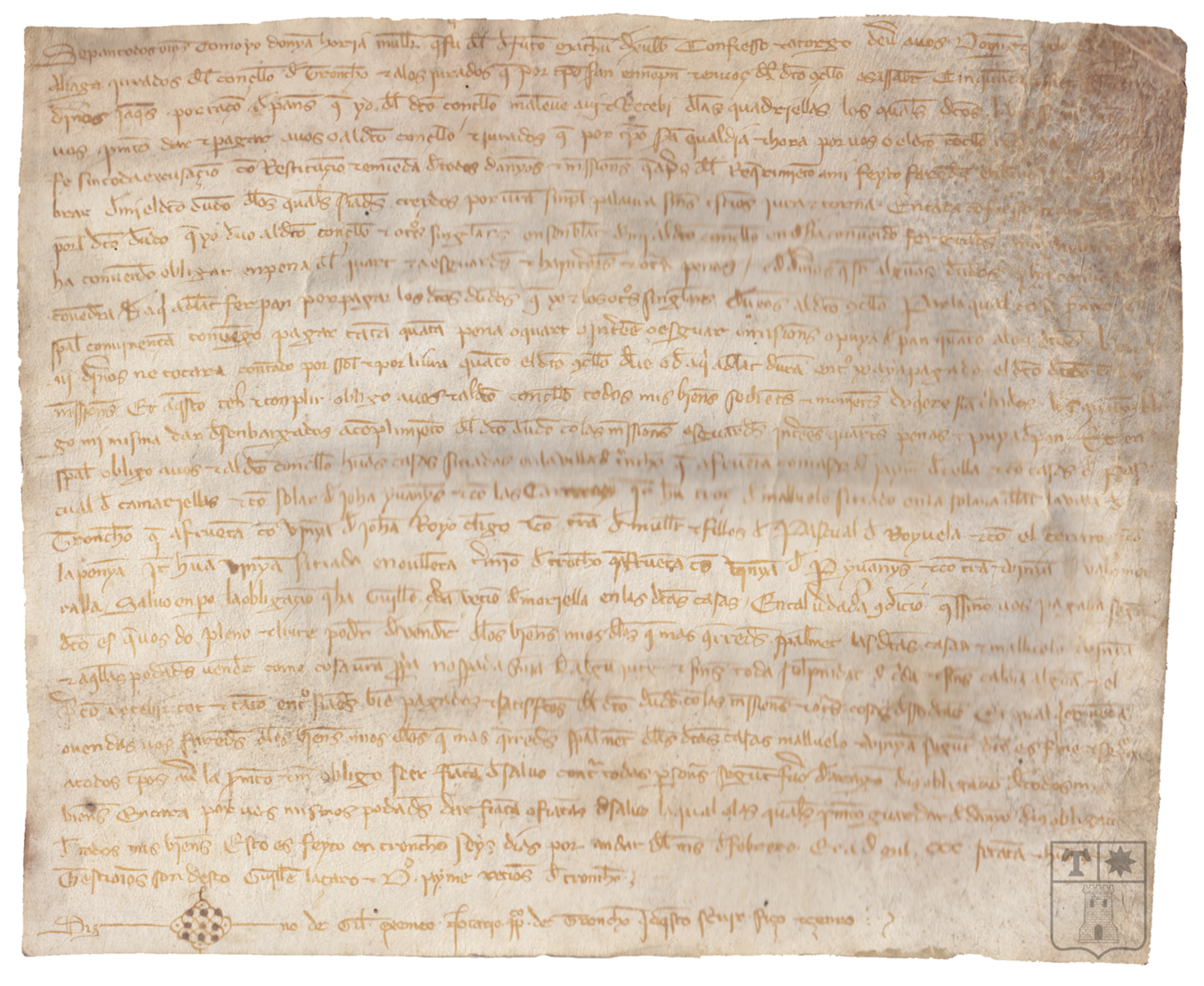 Carta de obligación por la que Doña María confiesa deber al Concejo 57 sueldos jaqueses, por razón de los panes que recibió de dicho Concejo