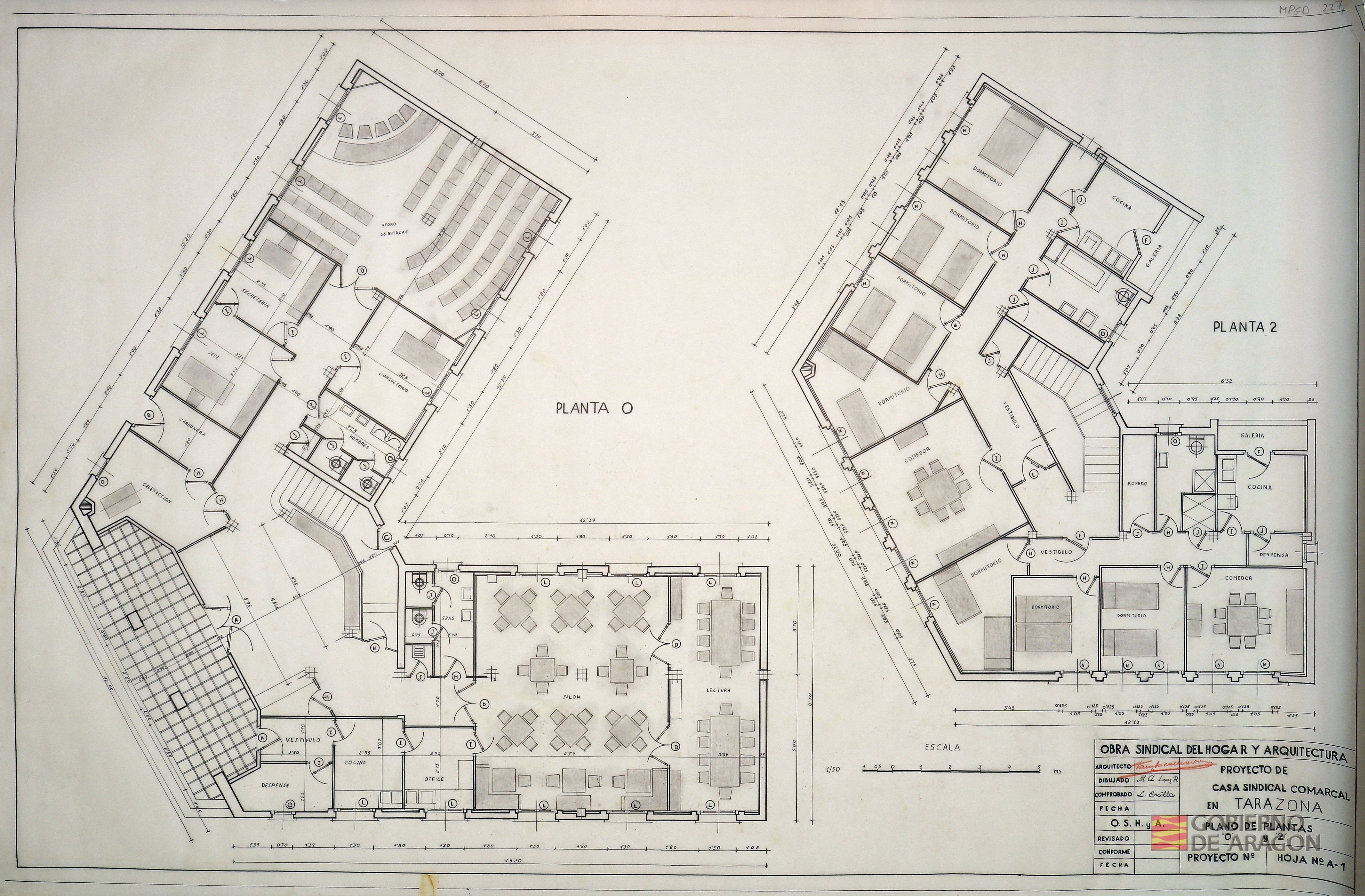 Proyecto de Casa Sindical Comarcal en Tarazona (Zaragoza).. Plano de plantas 0 y 2. Arquitecto: Fausto García Marco; Dibujo: Miguel Ángel López Redondo; Comprobó: L. Ercilla
