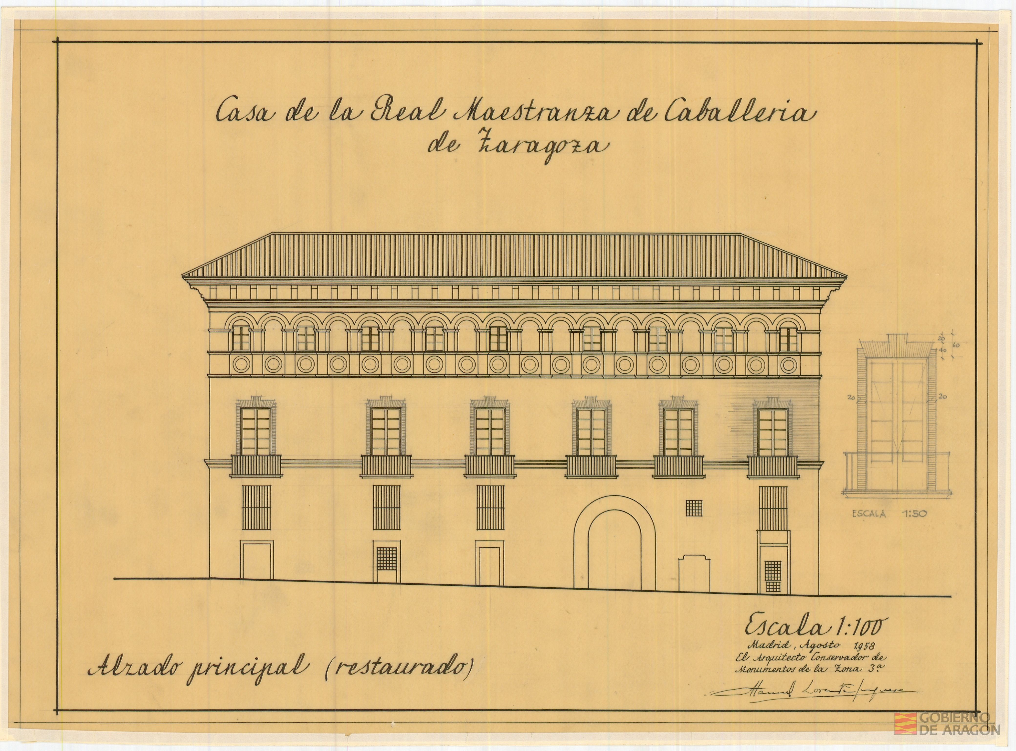 Casa de la Real Maestranza de Caballería de Zaragoza. Alzado principal (restaurado).. Zaragoza