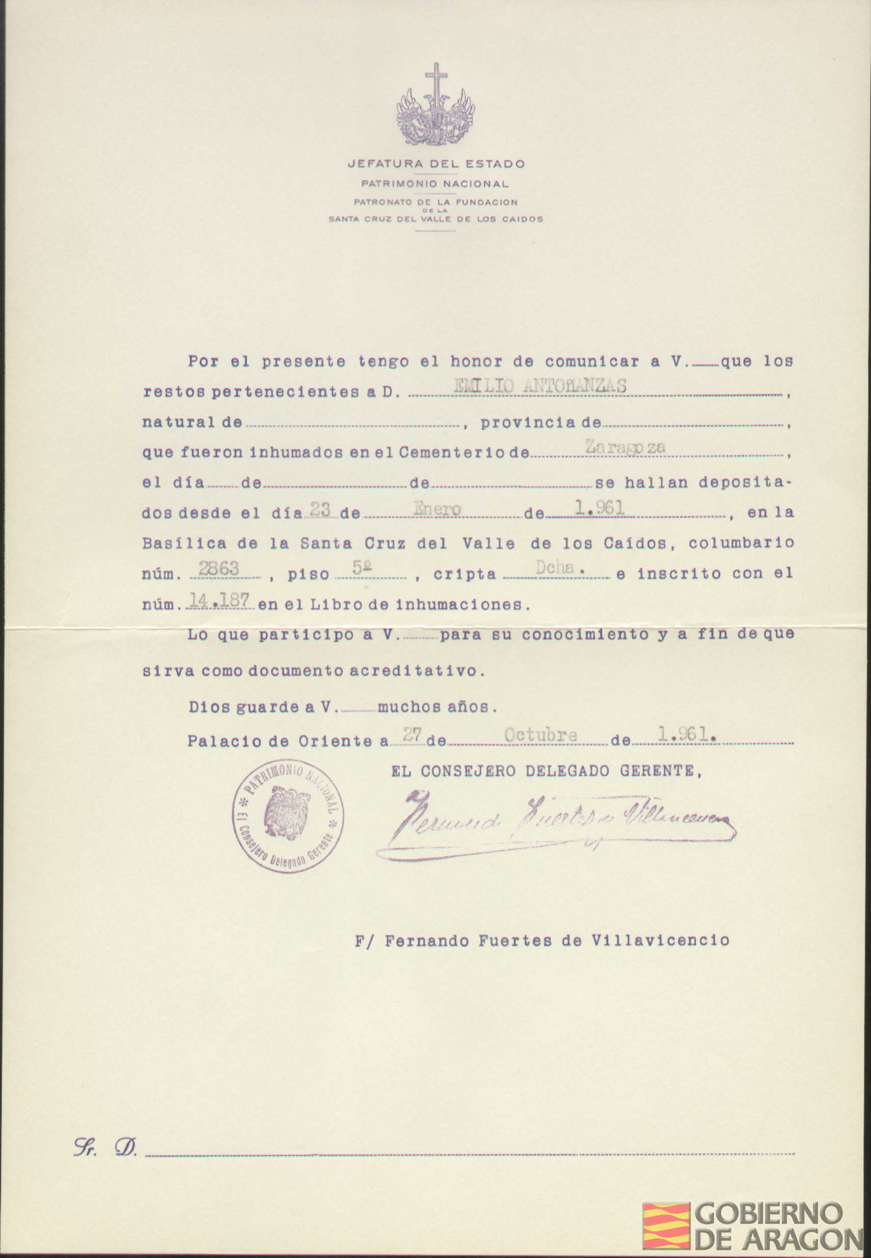 Traslado al Valle de los Caídos de los restos mortales de Emilio Antoñanzas el día 23 de enero de 1961