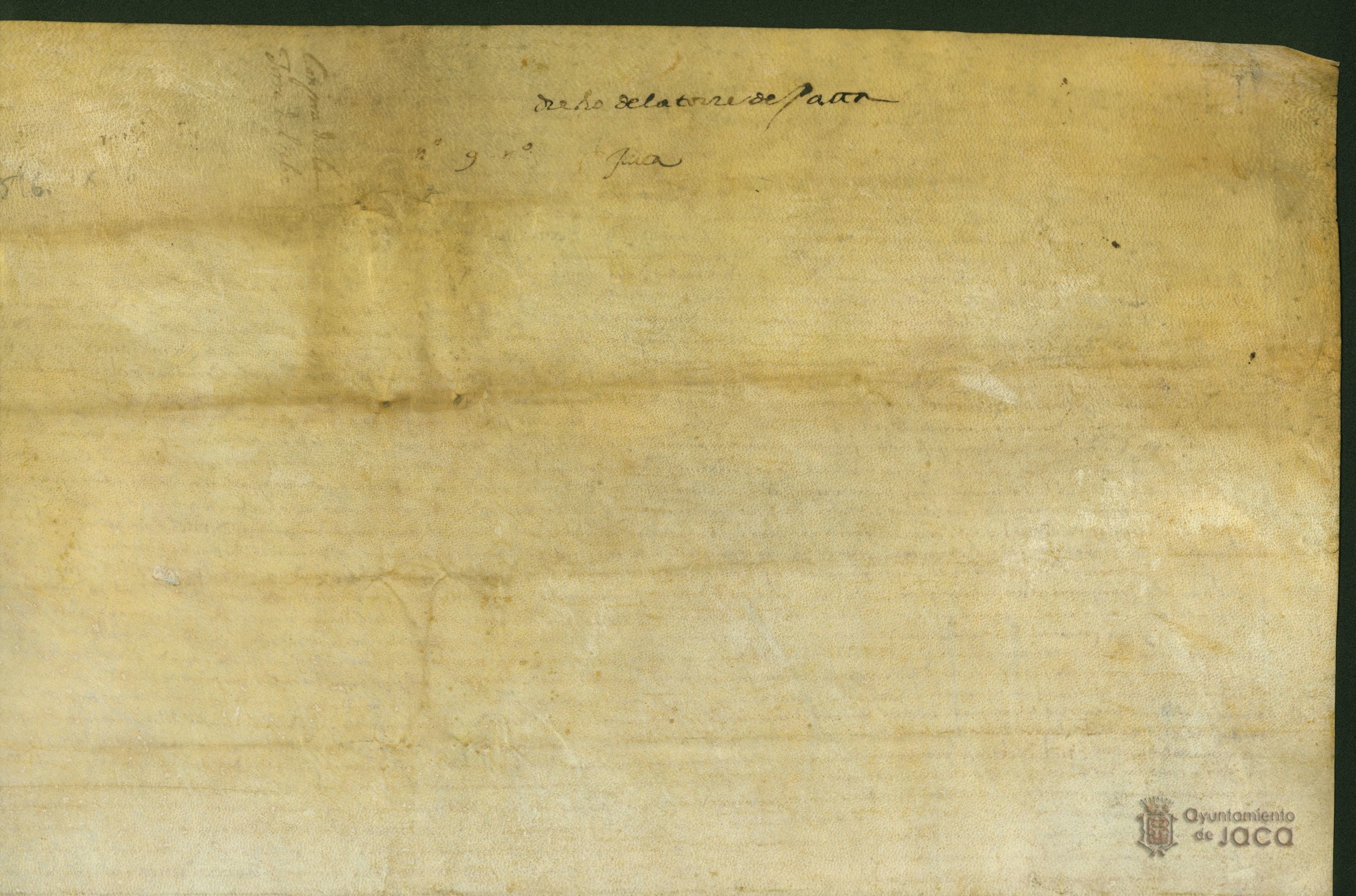 Juan Loriz y su mujer Francisca Fernández, venden a Miguel Ximénez, merino de la ciudad de Jaca, una torre con su casa y huerto en Jaca por 5.000 sueldos de dineros jaqueses.