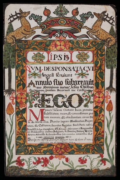 Carta de profesión de Manuela Loriente, de la ciudad de Jaca, en el monasterio de Santa Cruz de Jaca