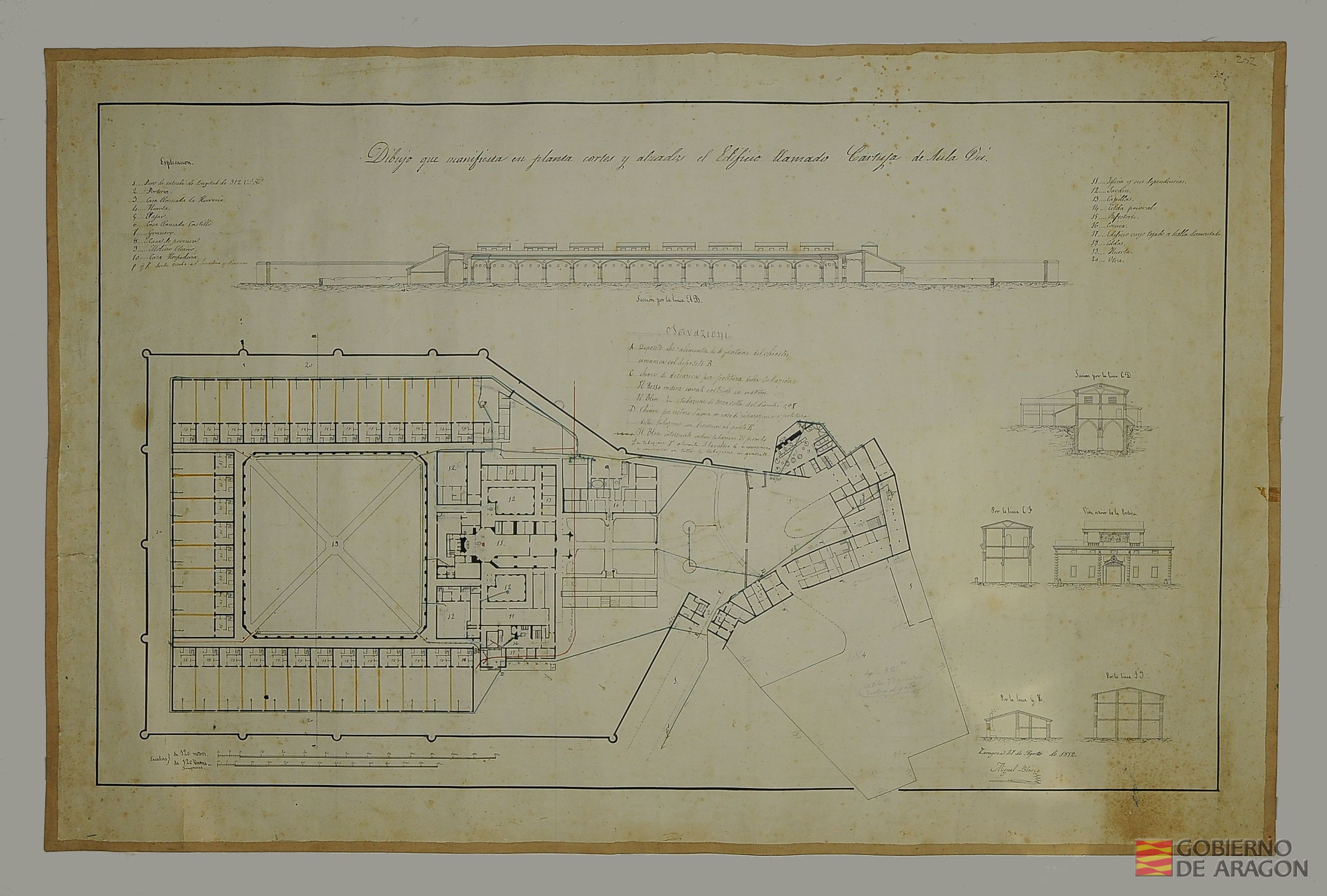 Dibujo que manifiesta en planta, cortes y alzados el edificio llamado Cartuja de Aula Dei