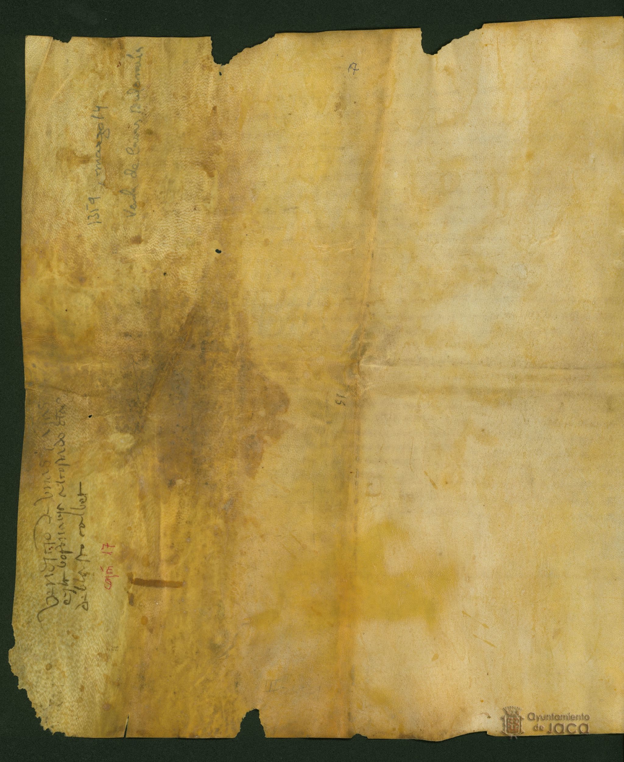 Francha, mujer de Arnaldo de Ates, vecina de Jaca, vende para poder alimentar a sus hijos, unas casas situadas en la Bufonería de Jaca, a Jimeno de Acín, con todos sus derechos y pertenencias.