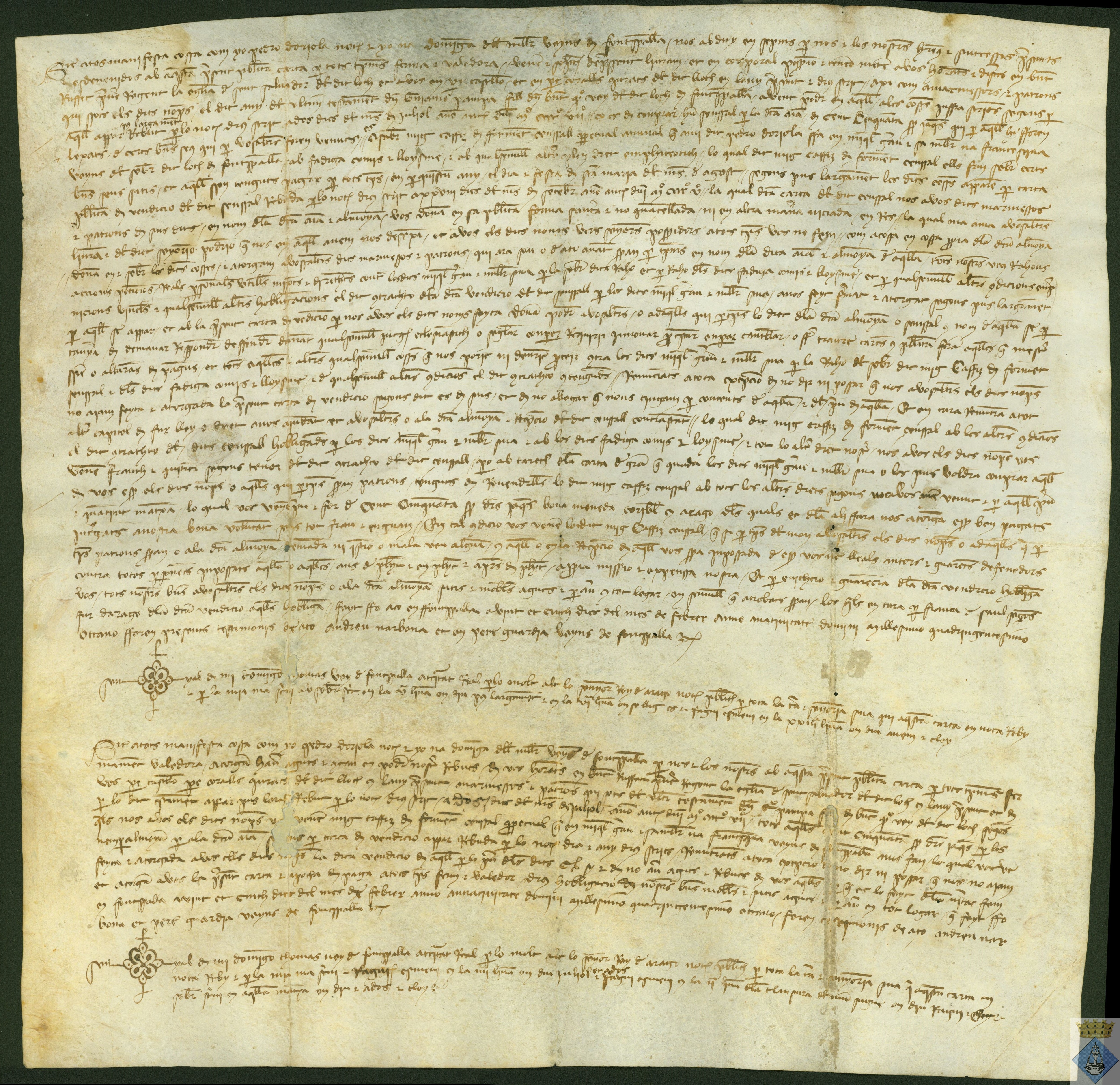 Venta de censal de Pedro de Orihuela y su mujer, vecinos de Fuentespalda, a favor del rector de la iglesia y un jurado de dicho pueblo, patronos de "almosna" de Guillermo Pampa. Con ápoca de pago