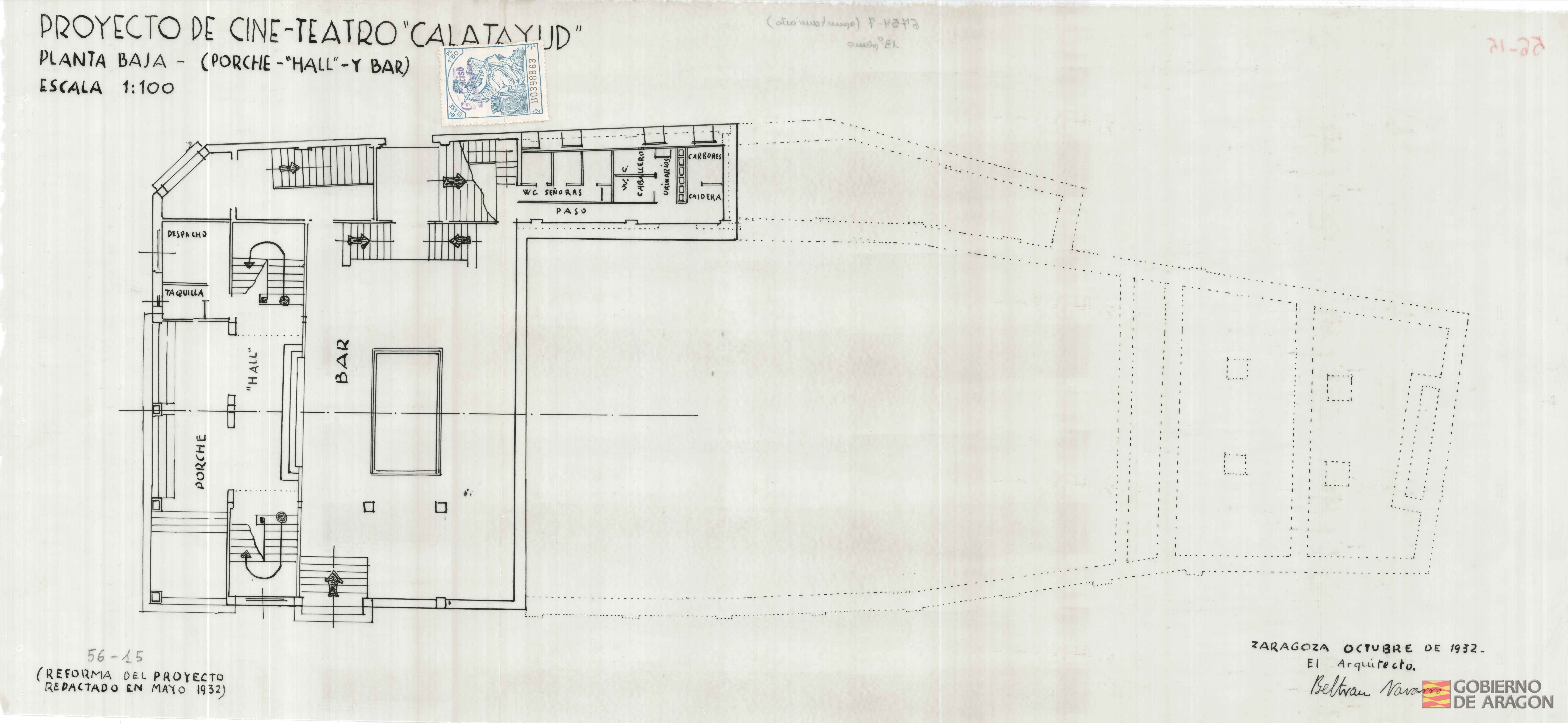 Proyecto de Cine-Teatro "Calatayud". Firmado por el Arquitecto Beltrán Navarro. Calatayud (Zaragoza)