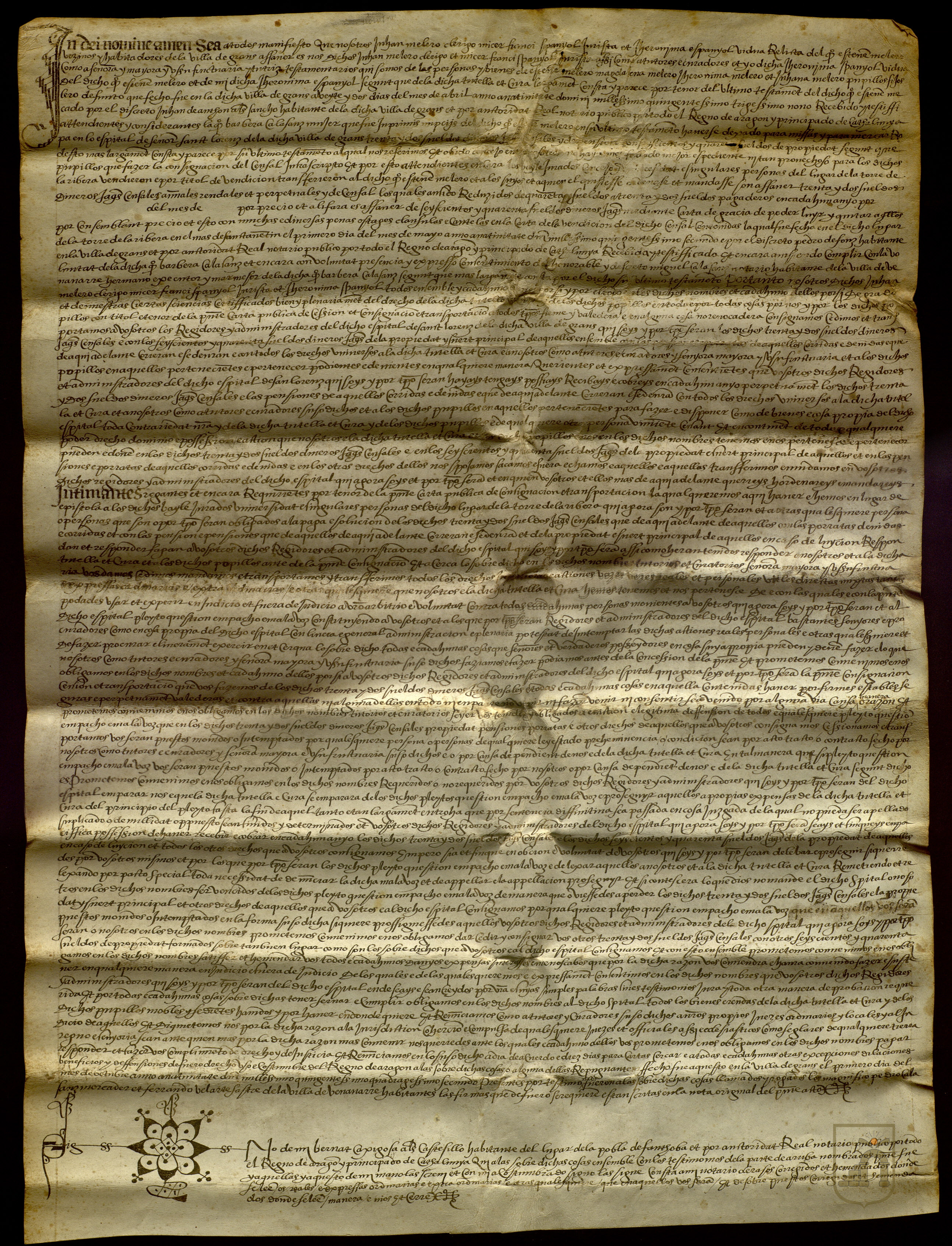 Juan Melero, clérigo, Francisco Español, jurista, y Jerónima Español, viuda, todos vecinos de Graus, en calidad de ejecutores testamentarios y usufructuaria de los bienes de Esteban Melero, asignan al hospital de San Lorenzo de Graus el censal de 32 sueldos jaqueses anuales que el difunto cobraba del lugar de Torrelarribera