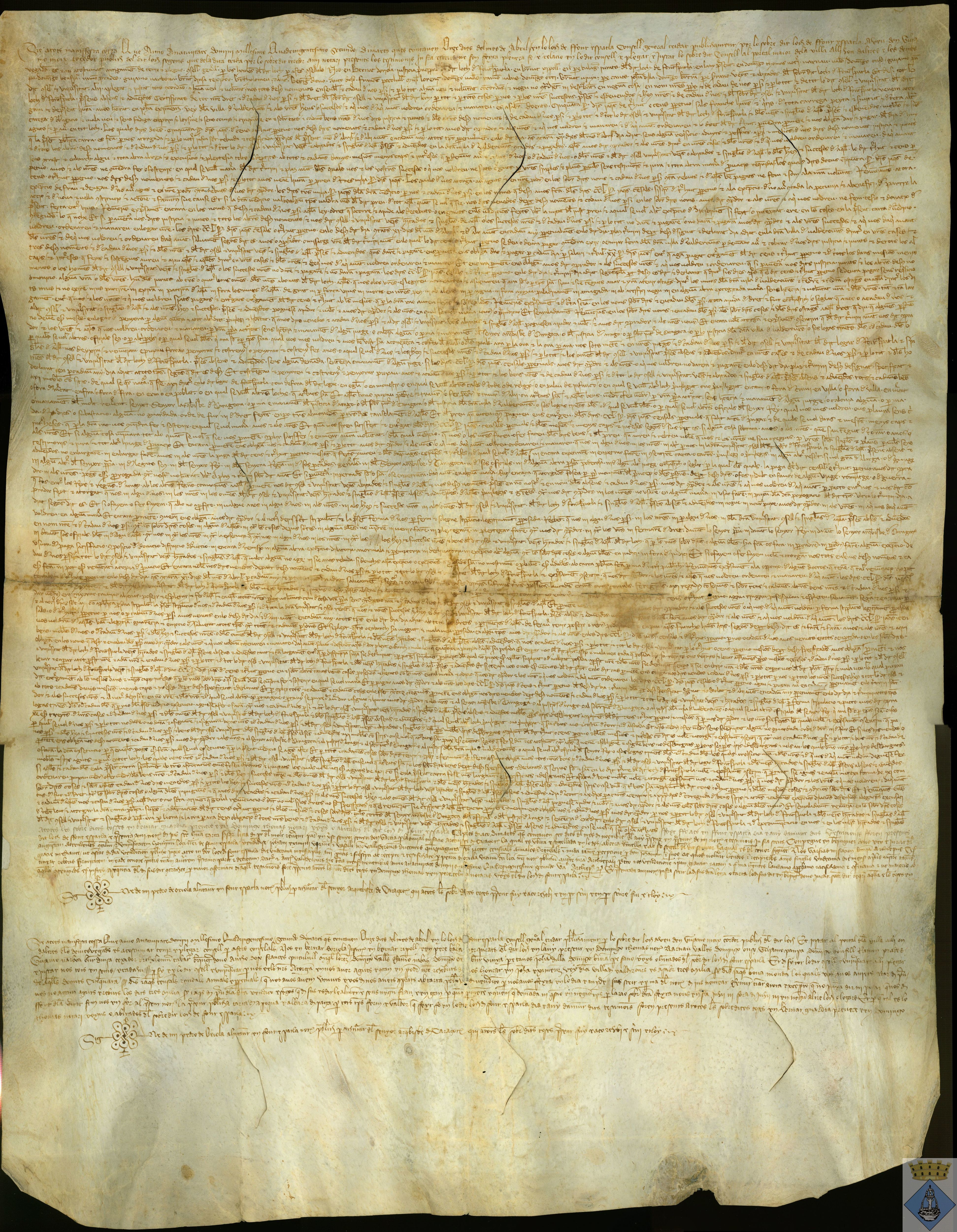 Carta de vendición de censal de 250 sueldos anuales del Concejo de Fuentespalda a Juan Jiménez por precio de 3.000 sueldos. Con carta de pago de dicha cantidad