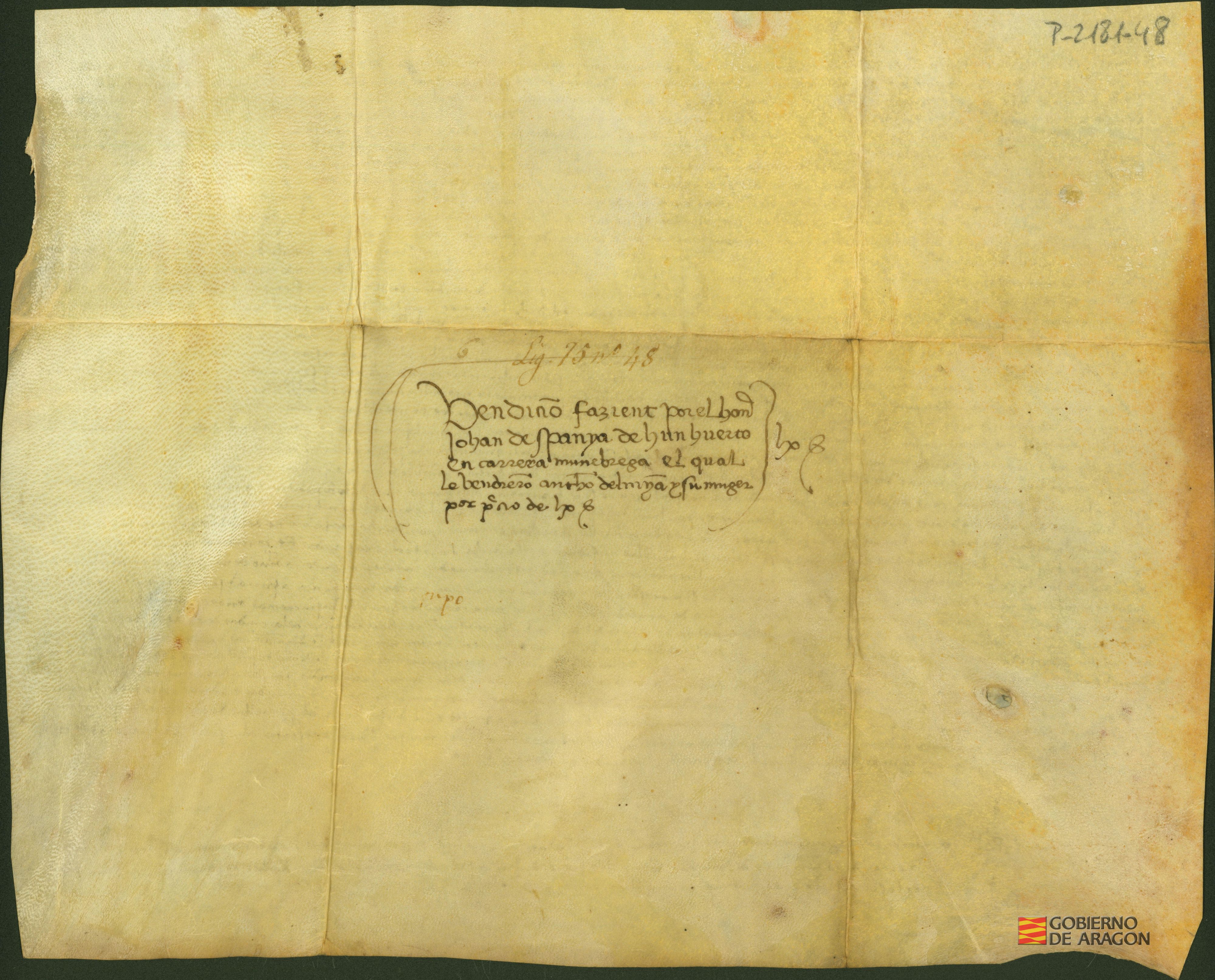 Antón de Liñán, escudero, y su mujer, Mayor, habitantes en Paracuellos de Jiloca, venden un huerto sito en la carretera de Minébrega, en favor del magnífico Juan de España, notario vecino de la misma, por precio de 60 sueldos jaqueses. Notario: Jaime de Santágel. Paracuellos de Jiloca