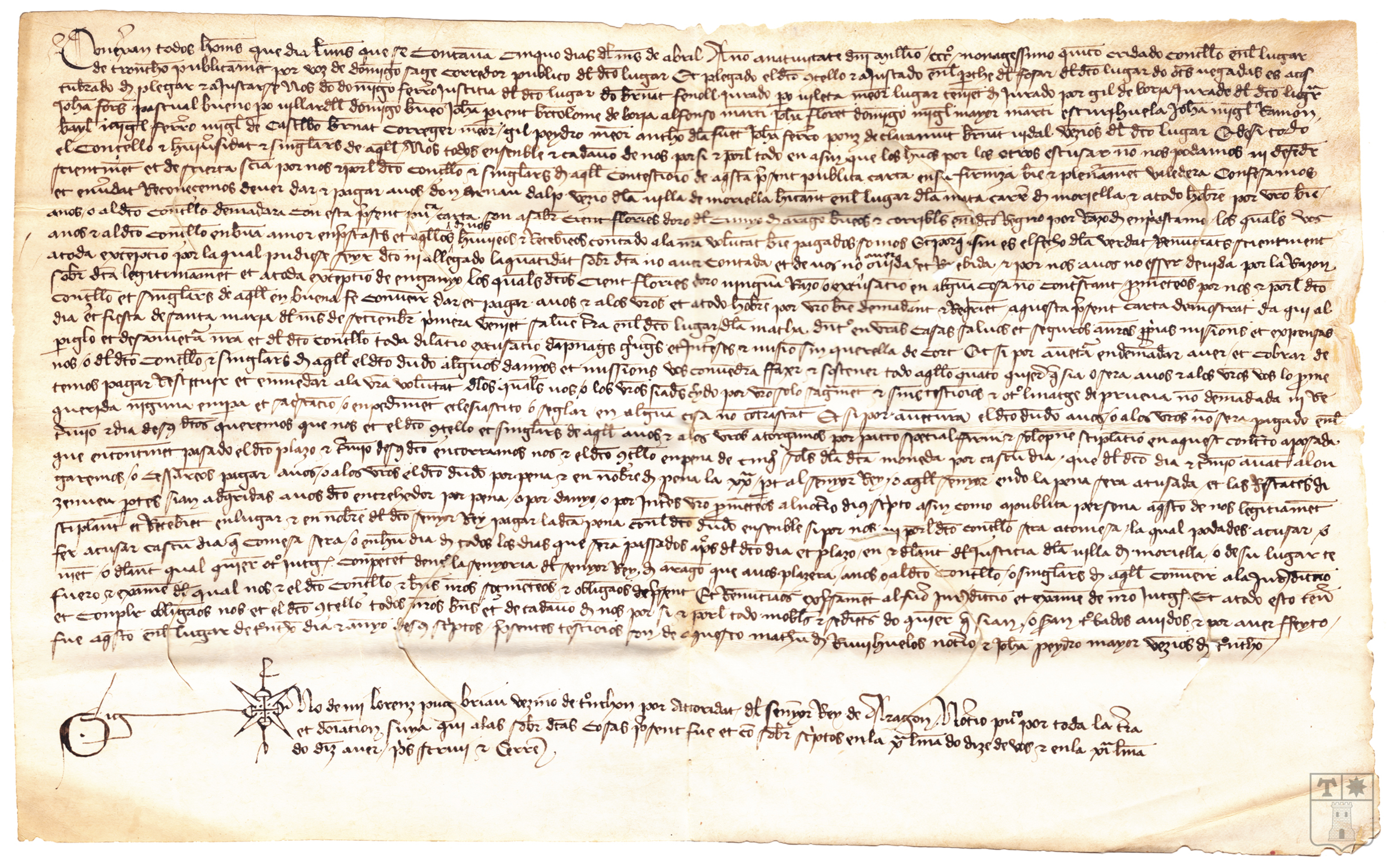 Carta de obligación por la que Domingo Ferrero, justicia, y el Concejo de Tronchón han de pagar a Arnau de Alp, vecino de Morella, 100 florines de oro