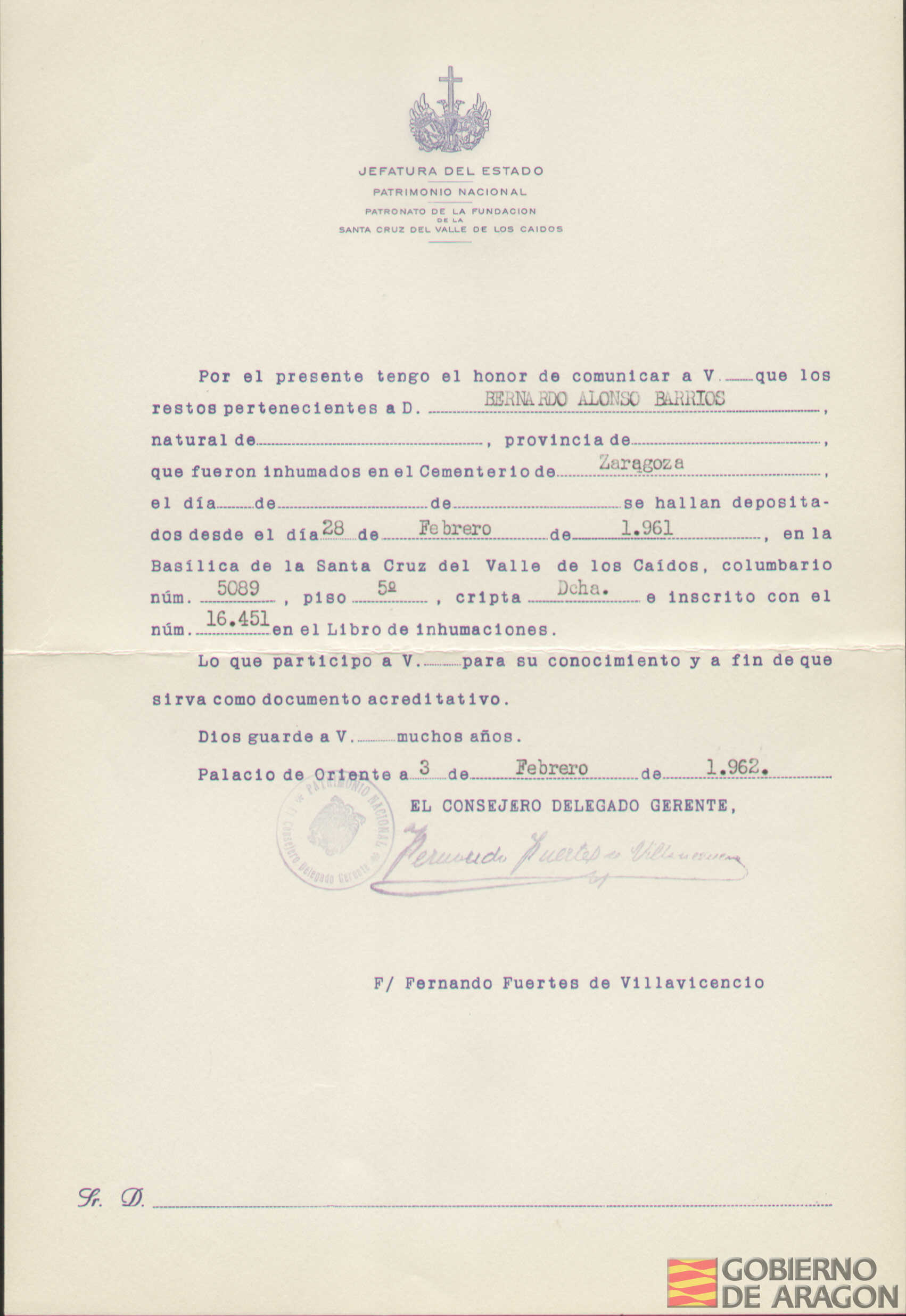 Traslado al Valle de los Caídos de los restos mortales de Bernardo Alonso Barrios el día 28 de febrero de 1961