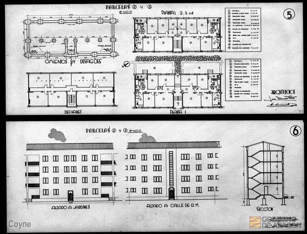Planos de bloque de viviendas firmados por José Descartín y Eduardo Lagunilla.