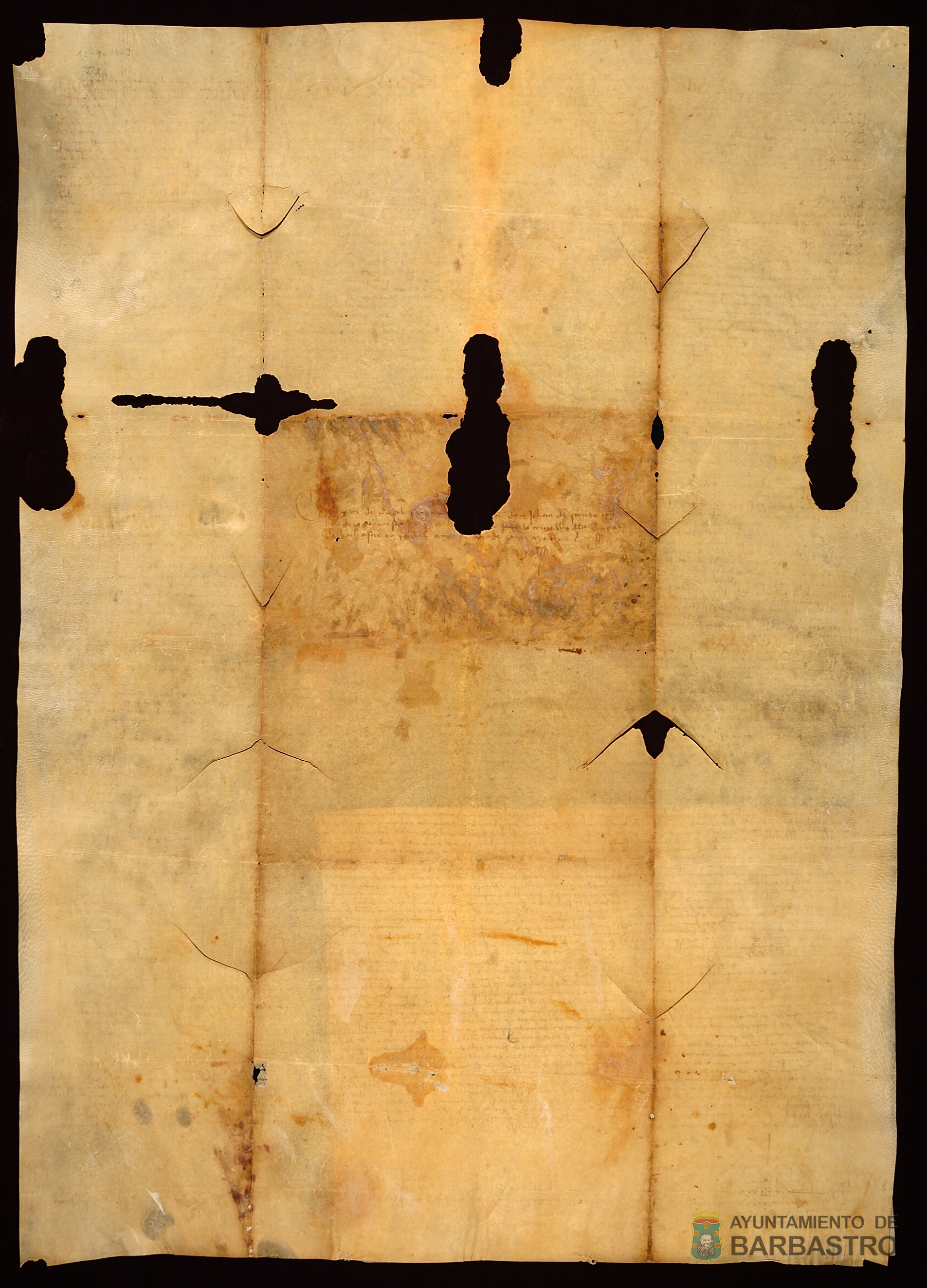 Censal vendido por el Concejo de Barbastro a Juan de Santangel, alias de Lunel, heredero del difunto mestre Pedro de Santangel, de 50 sueldos de pension anual pagadera el dia de San Mateo evangelista por precio o suerte principal de 1000 sueldos jaq.